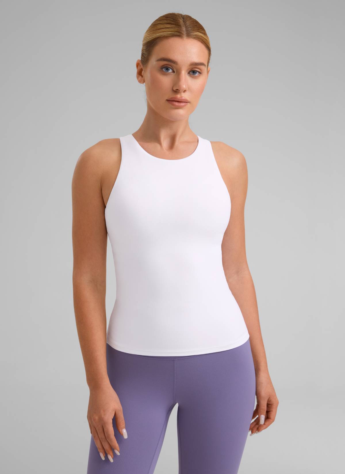 CRZ YOGA Women's Butterluxe Built-in Bra High Neck Racerback Tank White