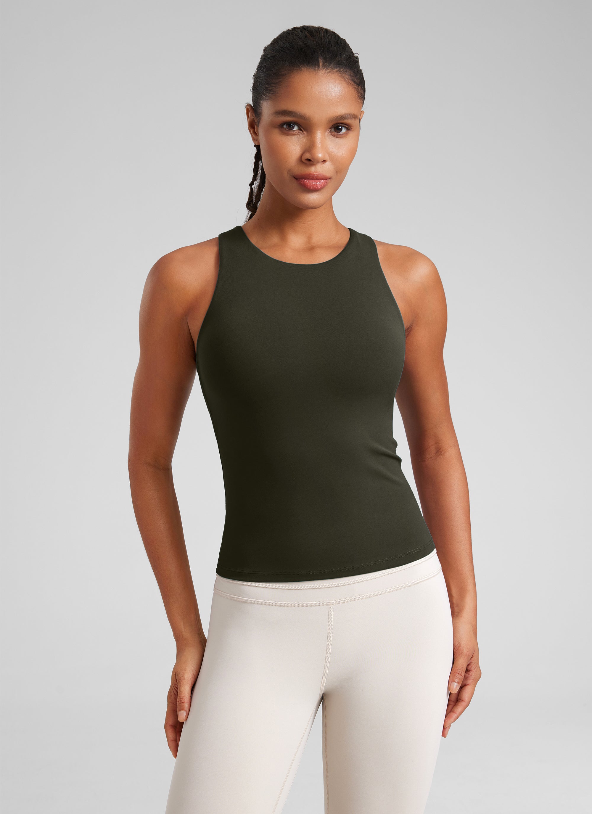 CRZ YOGA Women's Butterluxe Built-in Bra High Neck Racerback Tank Olive Green