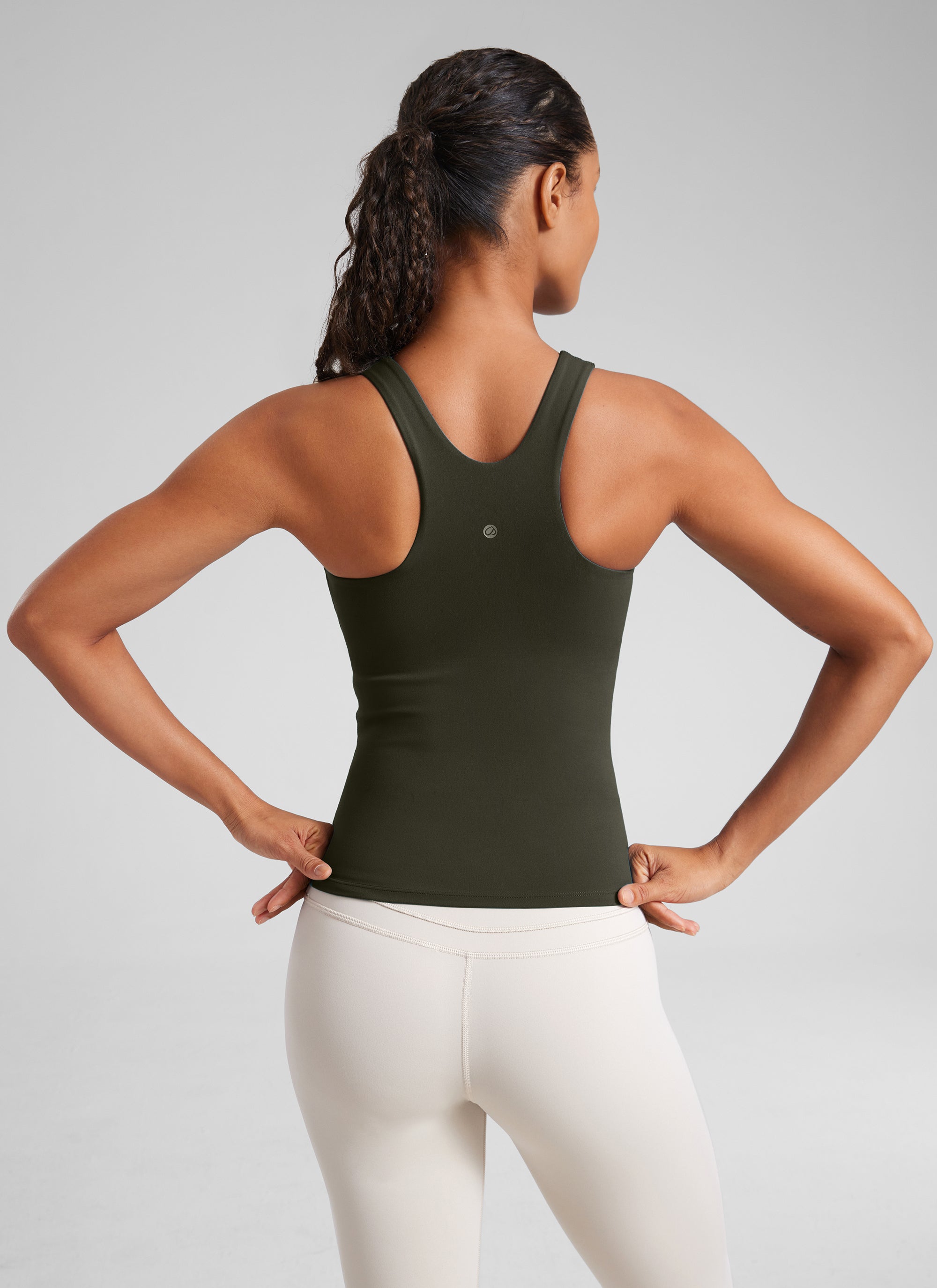CRZ YOGA Women's Butterluxe Built-in Bra High Neck Racerback Tank Olive Green