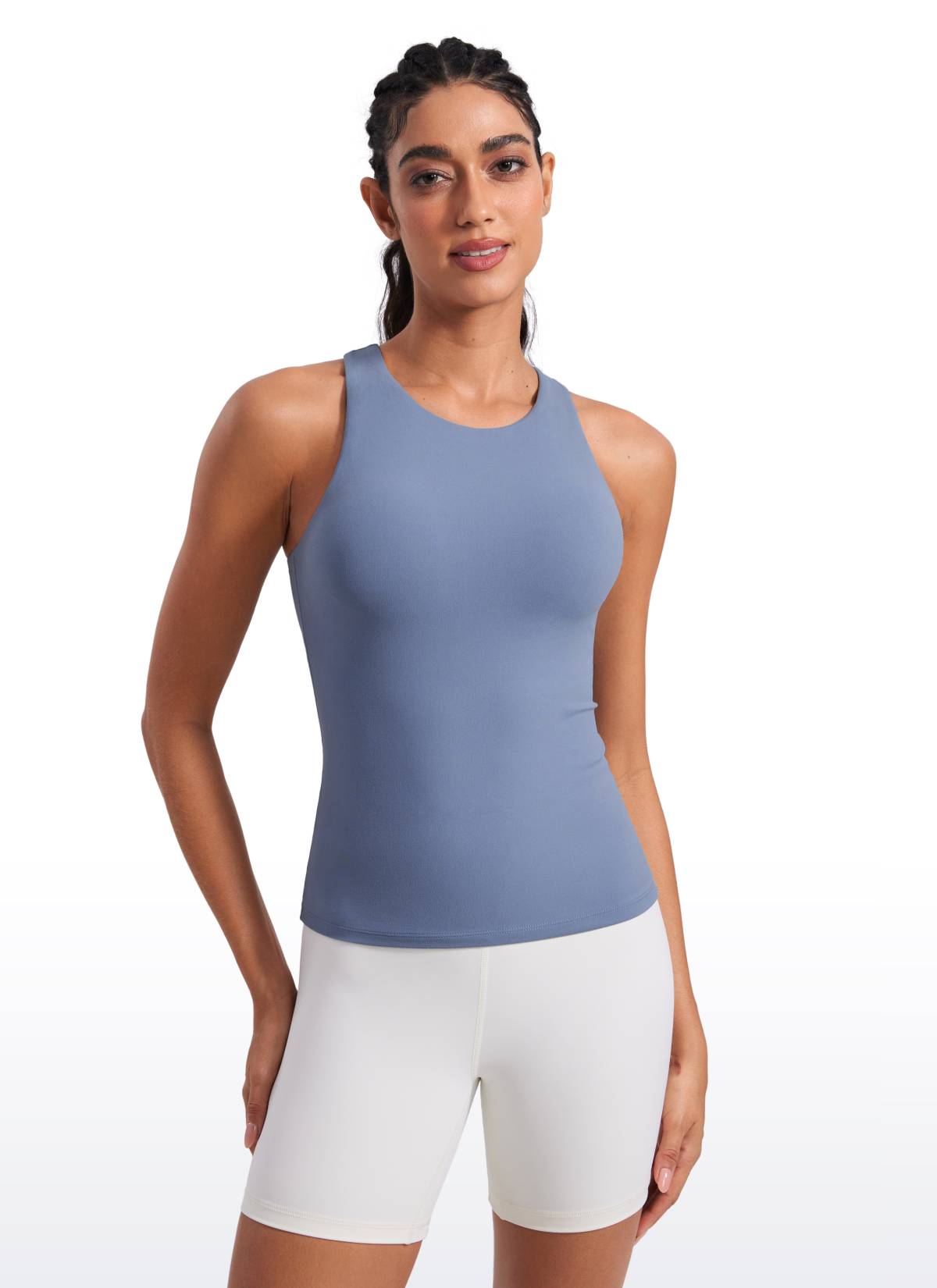 CRZ YOGA Women's Butterluxe Built-in Bra High Neck Racerback Tank Oasis Blue