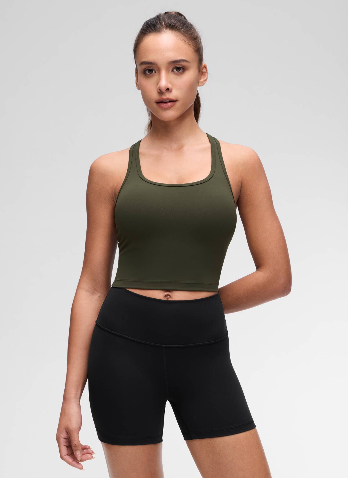 CRZ YOGA Women's Yoga Low support Butterluxe Scoop Neck Bra Y-Back Olive Green