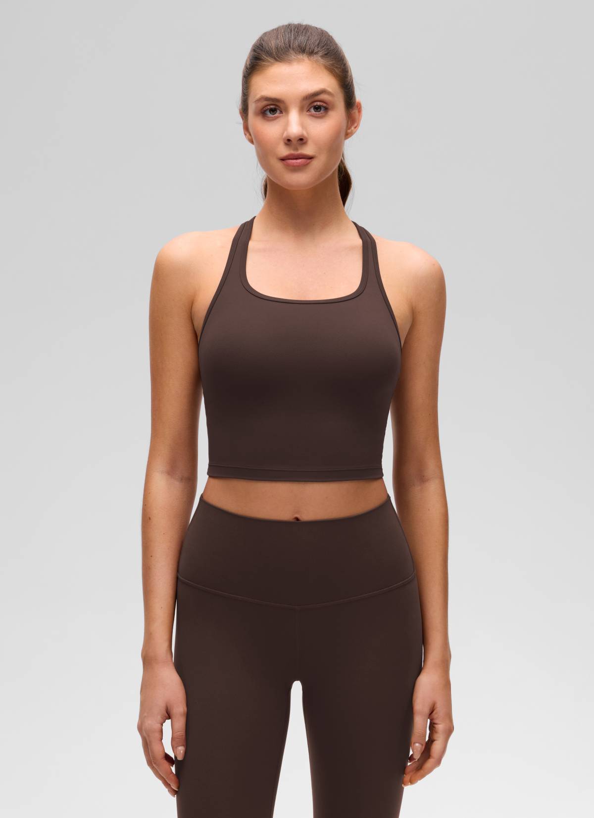 CRZ YOGA Women's Yoga Low support Butterluxe Scoop Neck Bra Y-Back Hot Fudge Brown