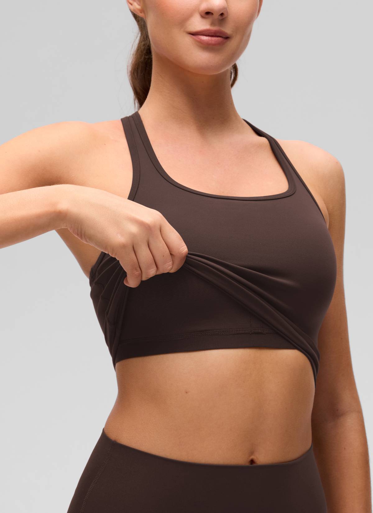 CRZ YOGA Women's Yoga Low support Butterluxe Scoop Neck Bra Y-Back Hot Fudge Brown