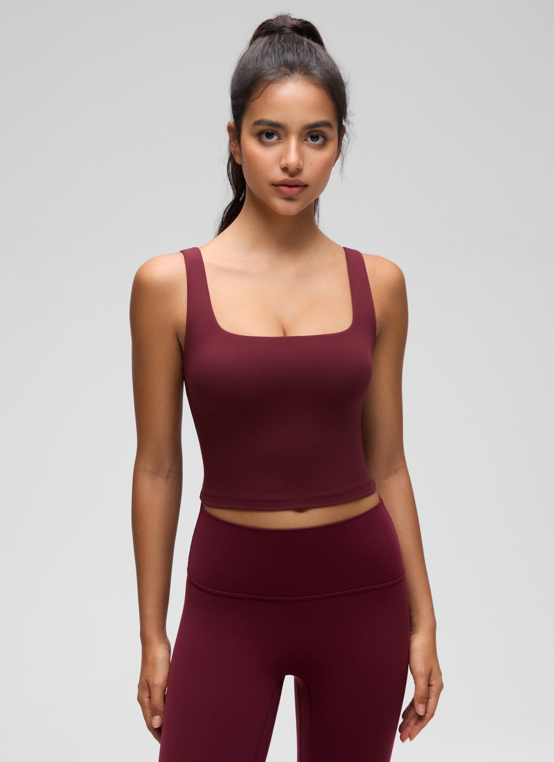 CRZ YOGA Women's Yoga Low Impact Butterluxe Longline Bra Square Neck Red Merlot