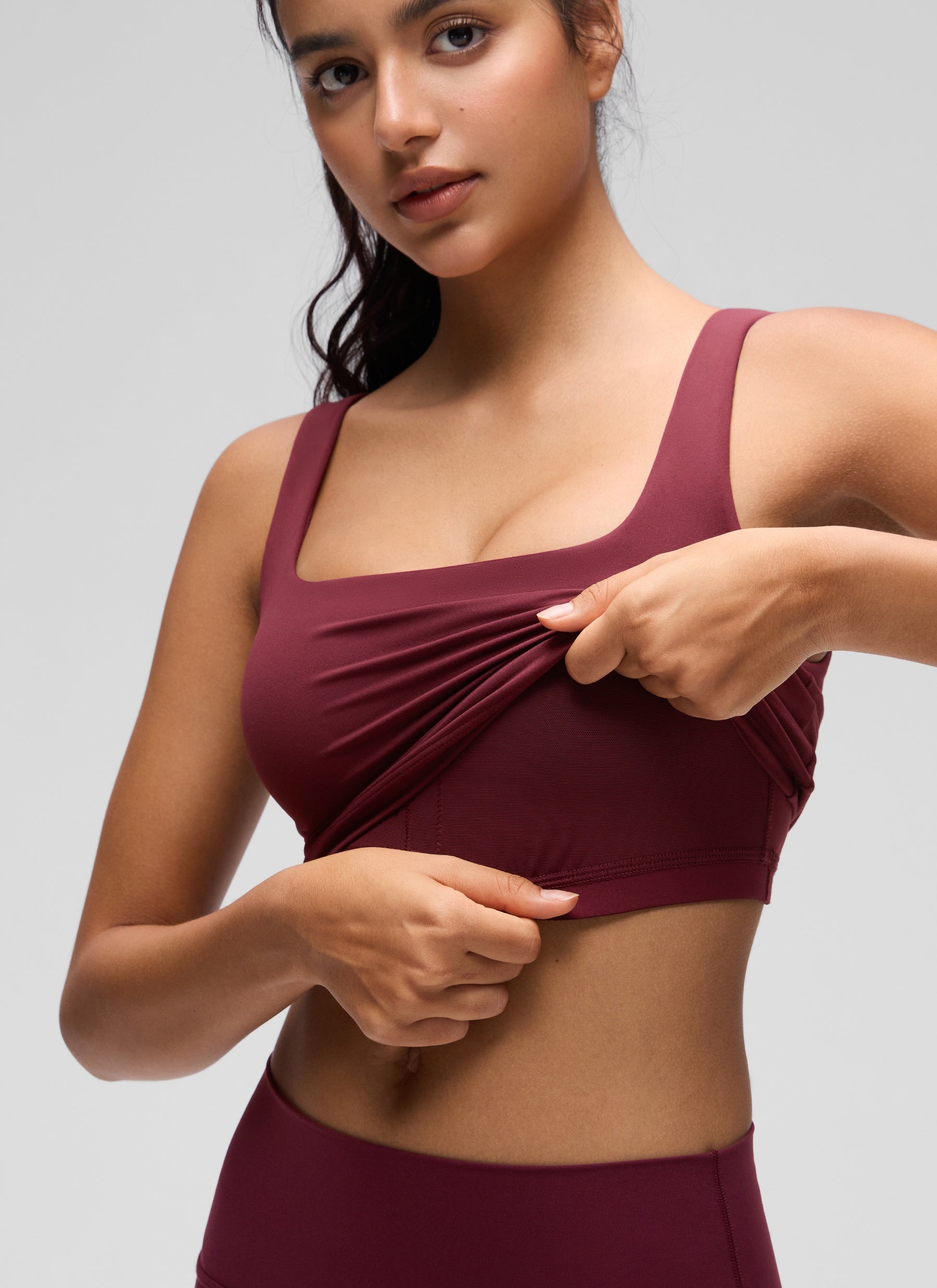 CRZ YOGA Women's Yoga Low Impact Butterluxe Longline Bra Square Neck Red Merlot