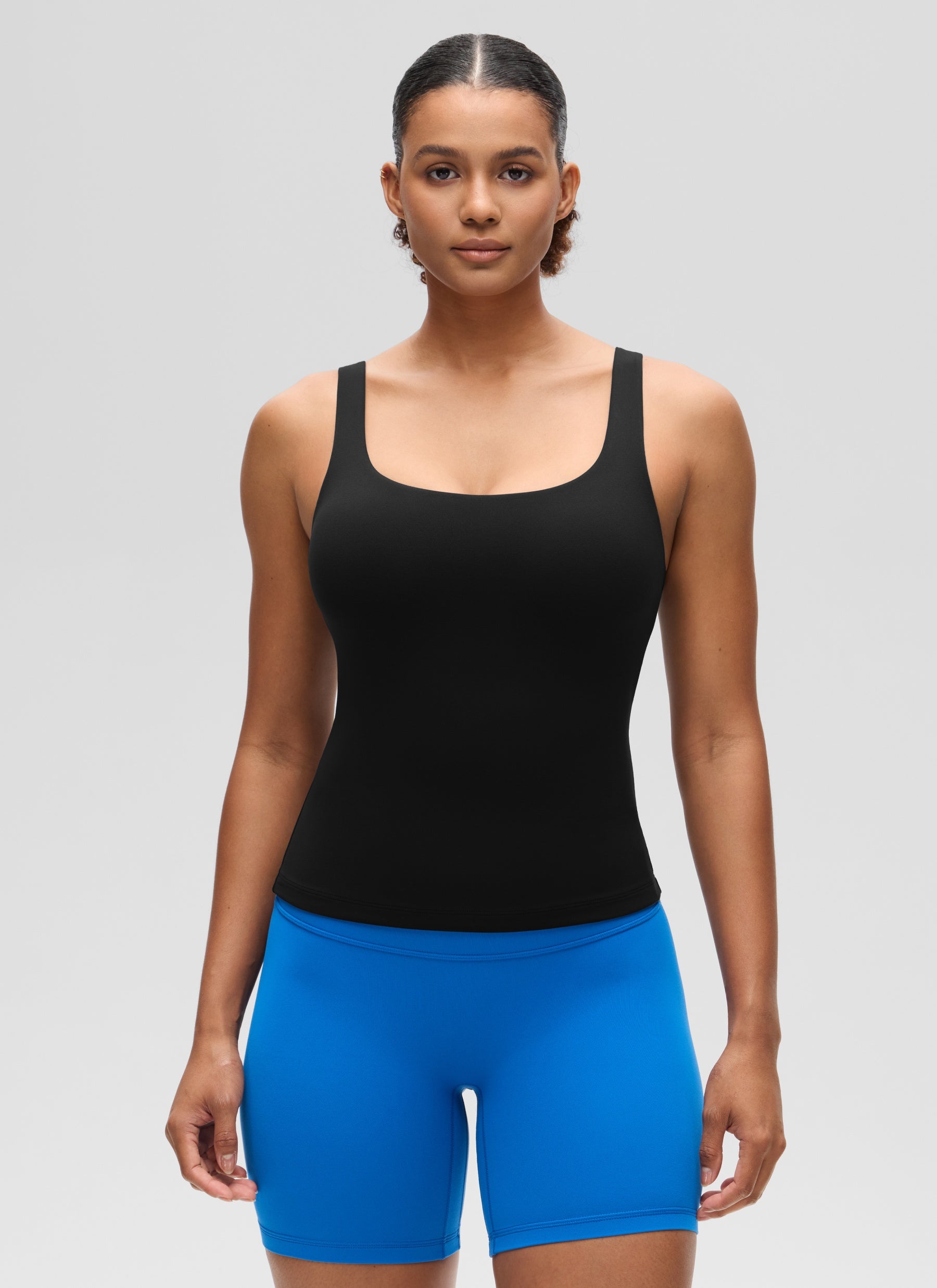 CRZ YOGA Women's SlimFit Tops Butterluxe Built-in Bra U Neck Tanks Black