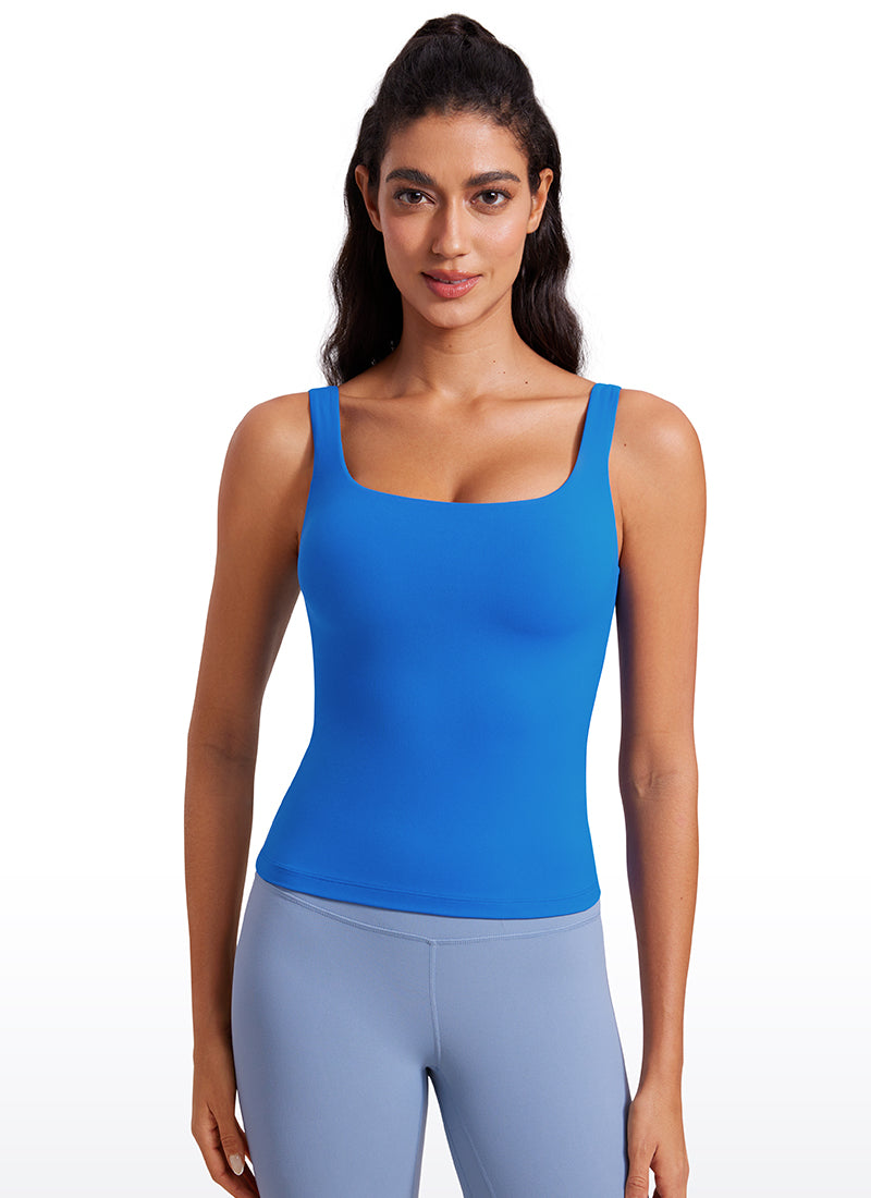 CRZ YOGA Women's SlimFit Tops Butterluxe Built-in Bra U Neck Tanks Sparkle Blue