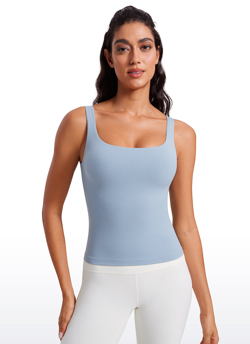 CRZ YOGA Women's SlimFit Tops Butterluxe Built-in Bra U Neck Tanks Cambric Blue