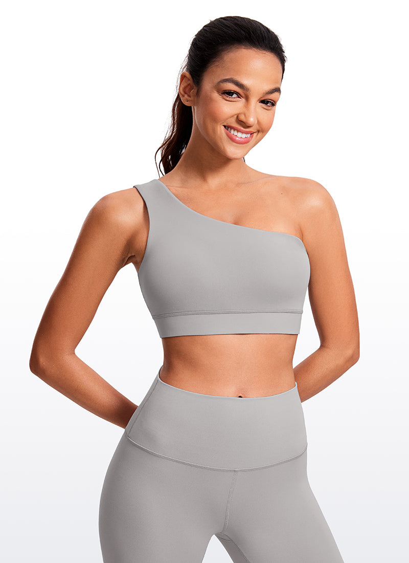 CRZ YOGA Butterluxe Womens One Shoulder Sports Bra Asymmetrical Padded Gull Gray
