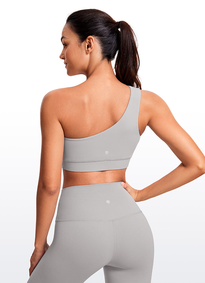 CRZ YOGA Butterluxe Womens One Shoulder Sports Bra Asymmetrical Padded Gull Gray
