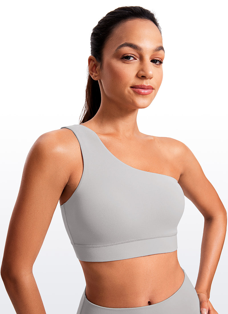 CRZ YOGA Butterluxe Womens One Shoulder Sports Bra Asymmetrical Padded Gull Gray