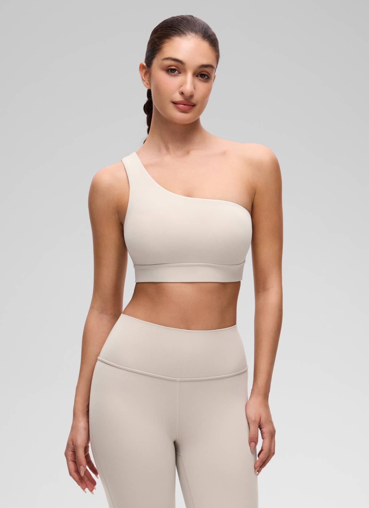 CRZ YOGA Butterluxe Womens One Shoulder Sports Bra Asymmetrical Padded Mojave Tan