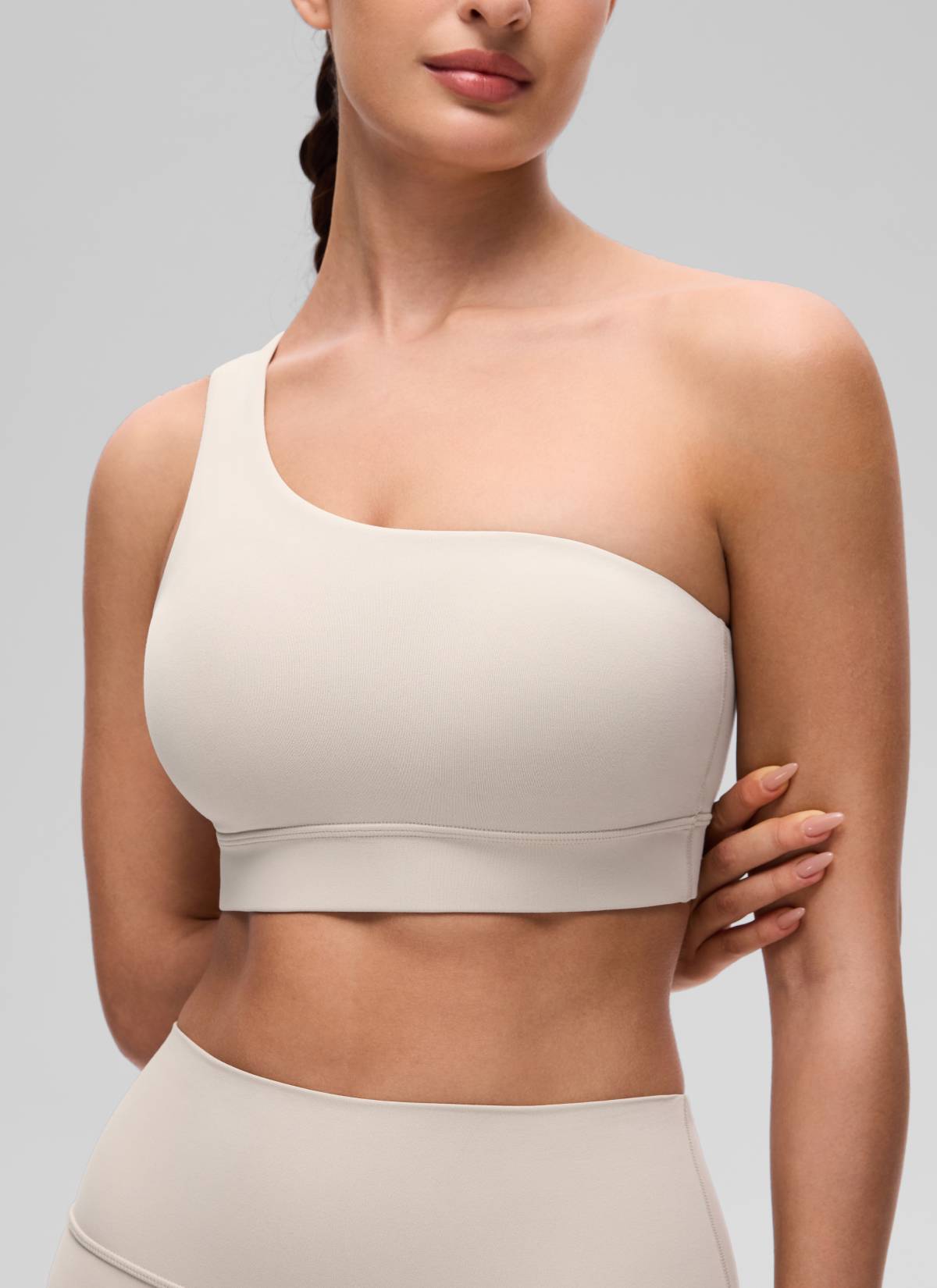 CRZ YOGA Butterluxe Womens One Shoulder Sports Bra Asymmetrical Padded Mojave Tan