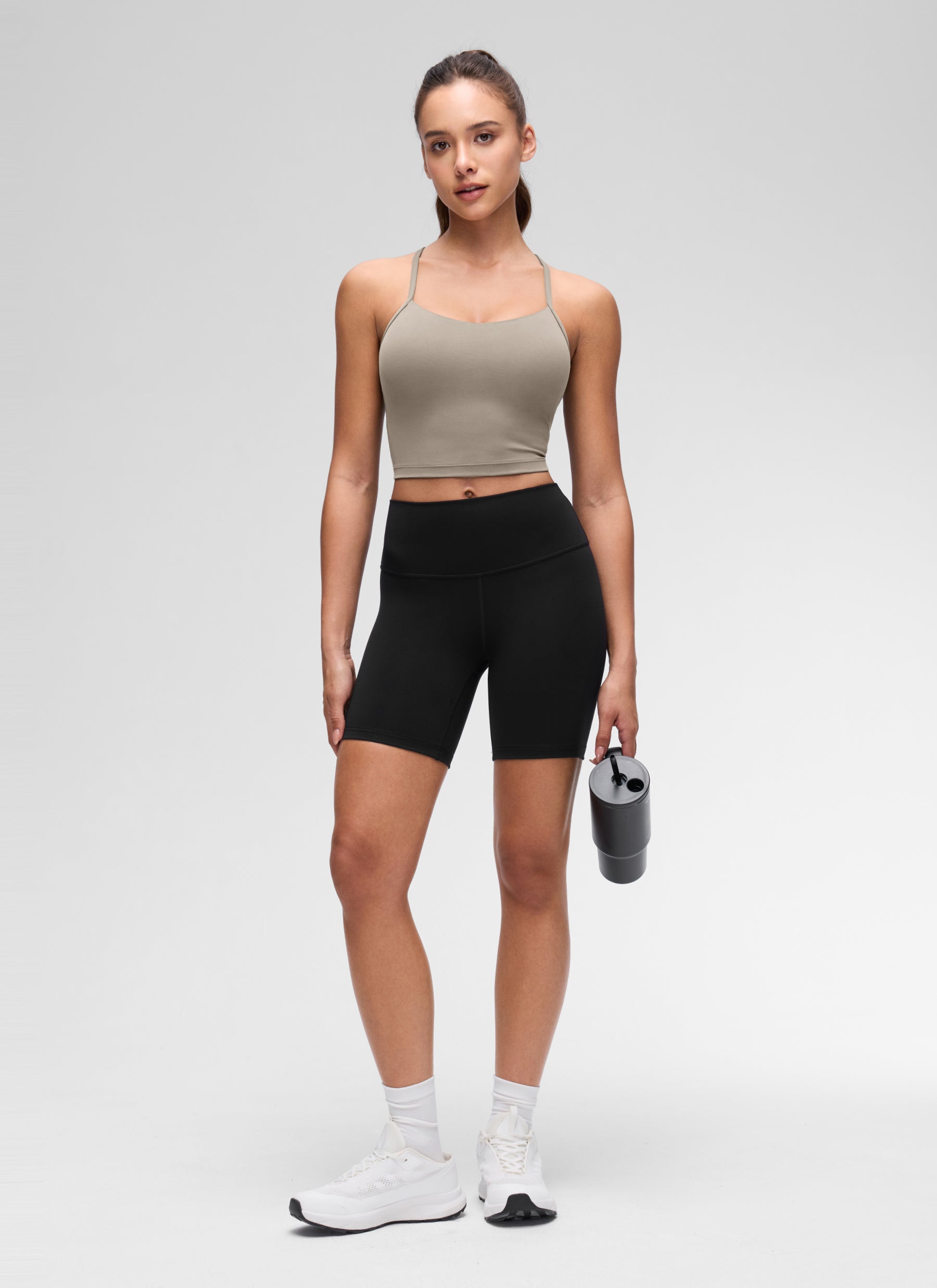 CRZ YOGA Womens Butterluxe Y Back Longline Sports Bras Crop Tank Top Warm Ash Grey