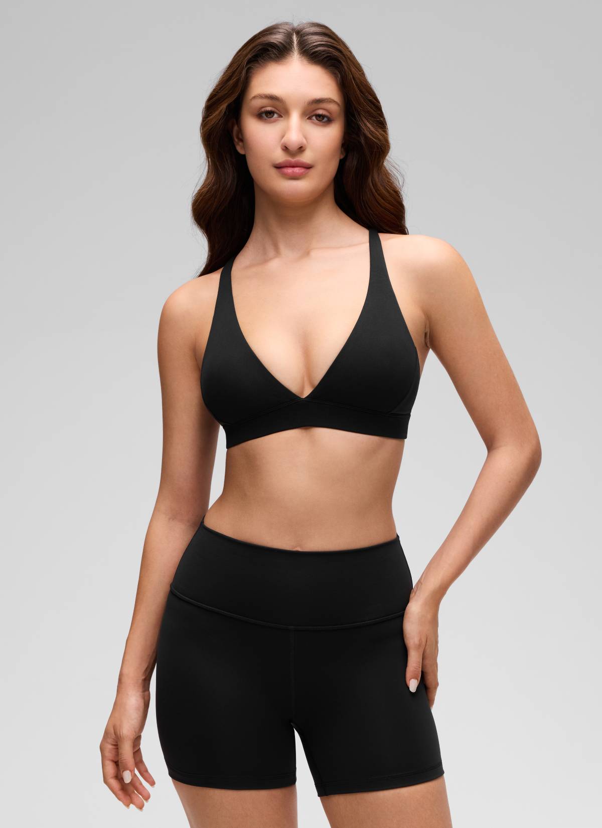 CRZ YOGA Women's Light Support Butterluxe Yoga Bra Strappy back V Neck Black