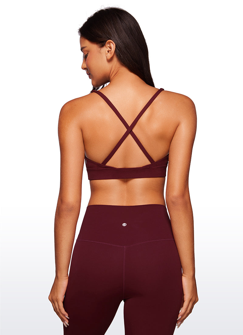 CRZ YOGA Women's Light Support Butterluxe Yoga Bra Strappy back V Neck Red Merlot