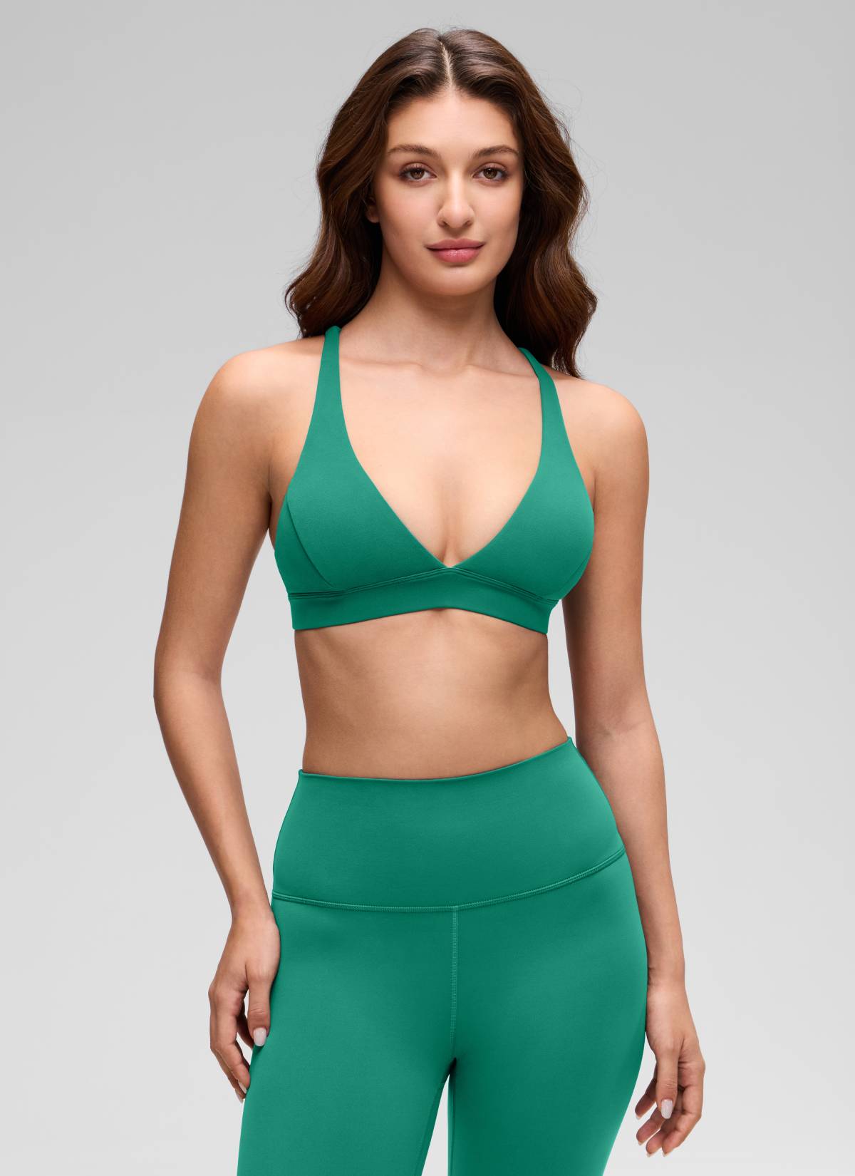 CRZ YOGA Women's Light Support Butterluxe Yoga Bra Strappy back V Neck Cascadia Green