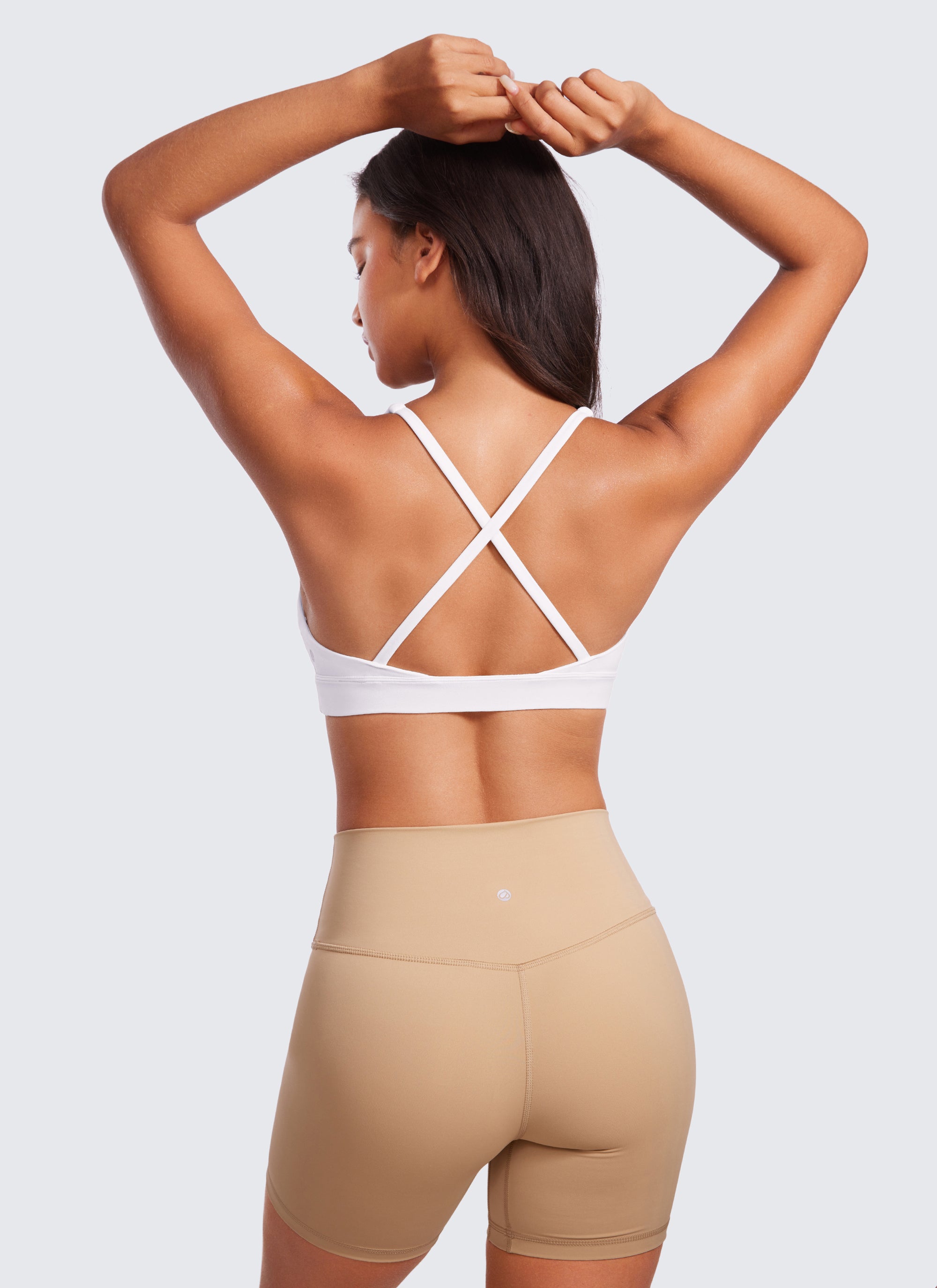 CRZ YOGA Women's Light Support Butterluxe Yoga Bra Strappy back V Neck White