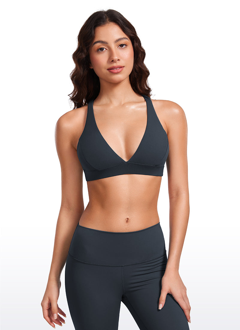 CRZ YOGA Women's Light Support Butterluxe Yoga Bra Strappy back V Neck True Navy