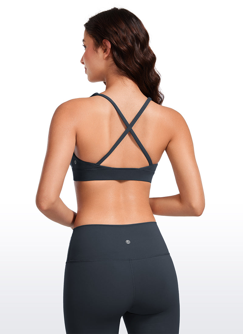CRZ YOGA Women's Light Support Butterluxe Yoga Bra Strappy back V Neck True Navy