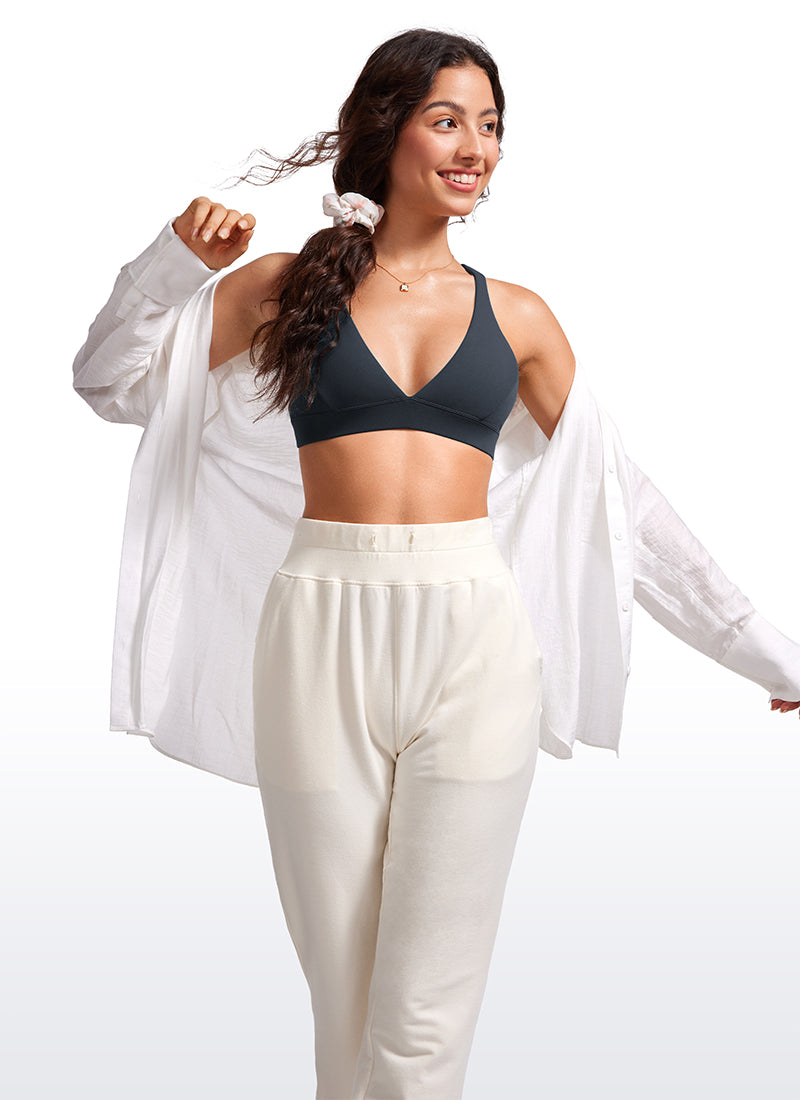 CRZ YOGA Women's Light Support Butterluxe Yoga Bra Strappy back V Neck True Navy