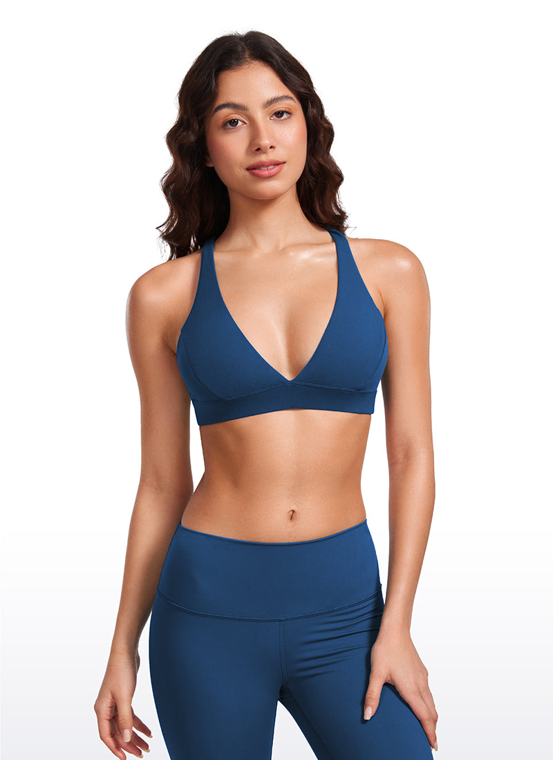 CRZ YOGA Women's Light Support Butterluxe Yoga Bra Strappy back V Neck French Navy