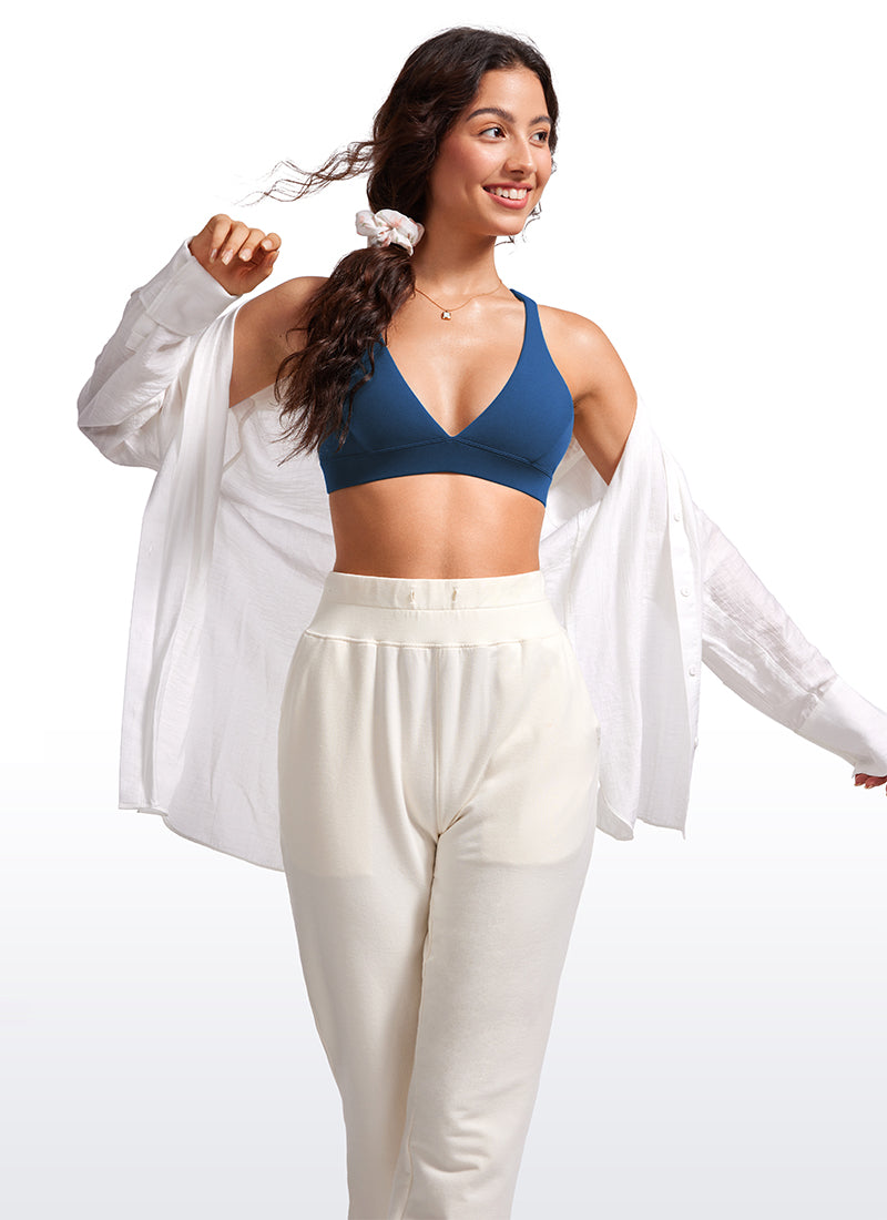 CRZ YOGA Women's Light Support Butterluxe Yoga Bra Strappy back V Neck French Navy