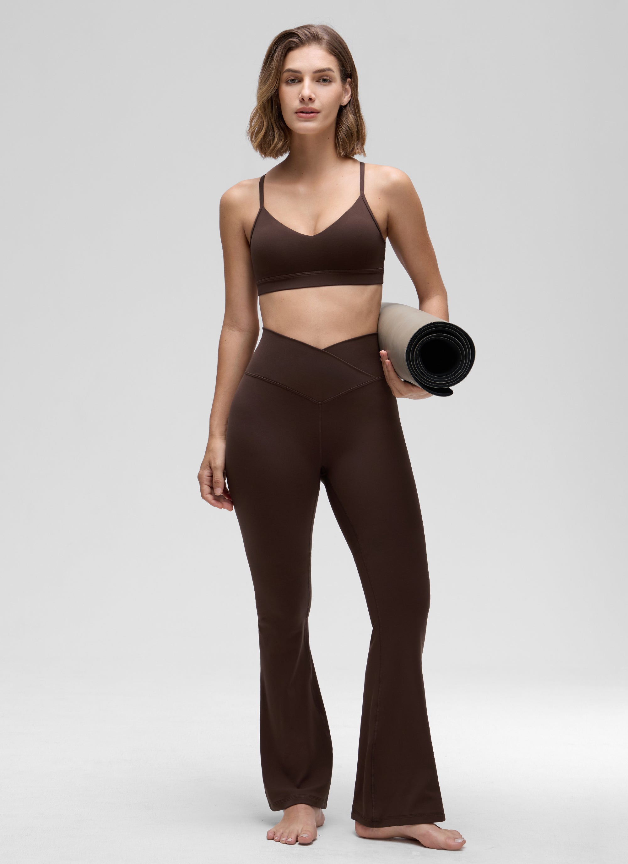 CRZ YOGA Butterluxe Womens V Neck Camisole Yoga Padded Sports Bra Hot Fudge Brown