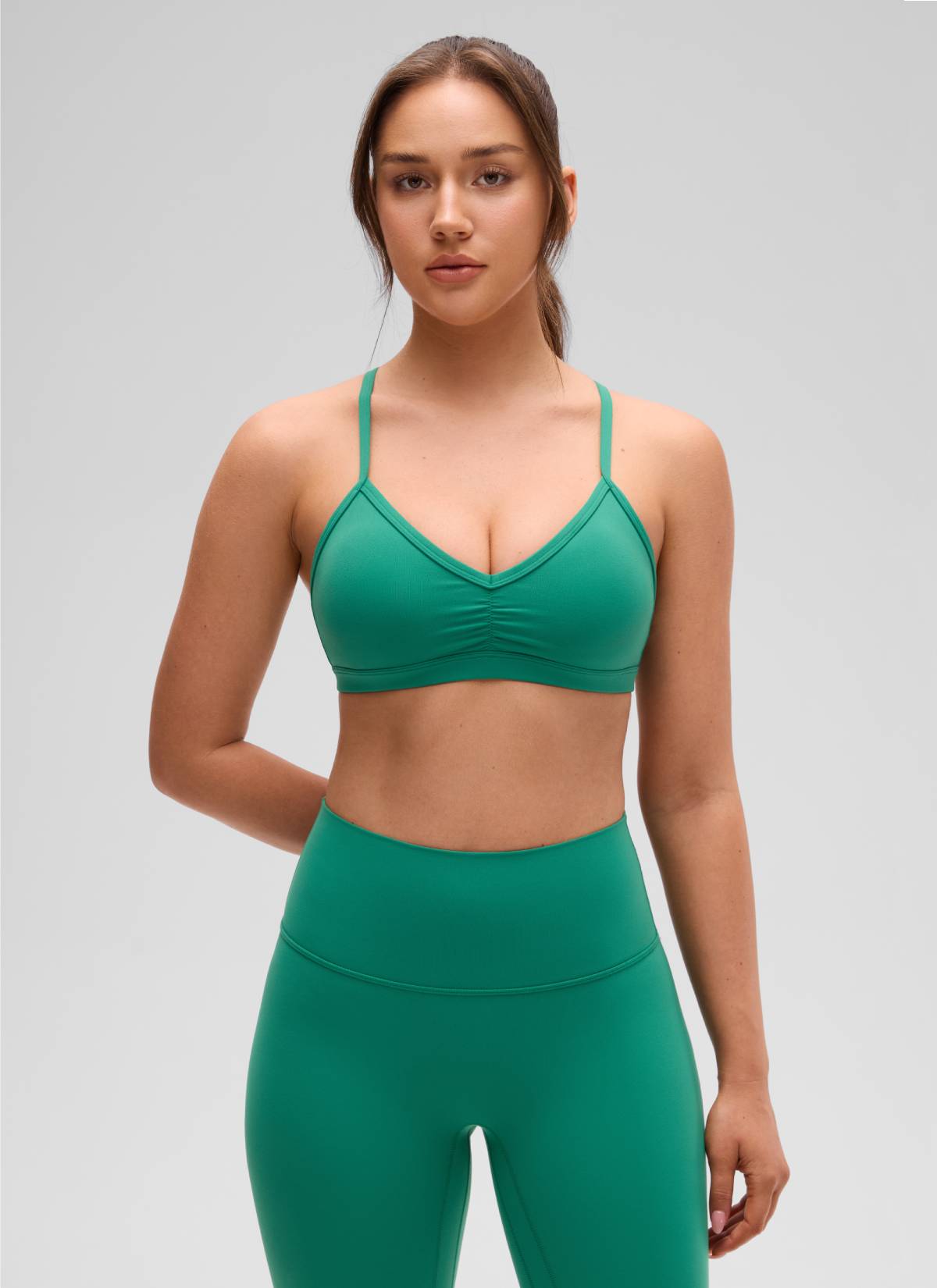 CRZ YOGA Butterluxe Womens Ruched V Neck Yoga Padded Sports Bra Cascadia Green