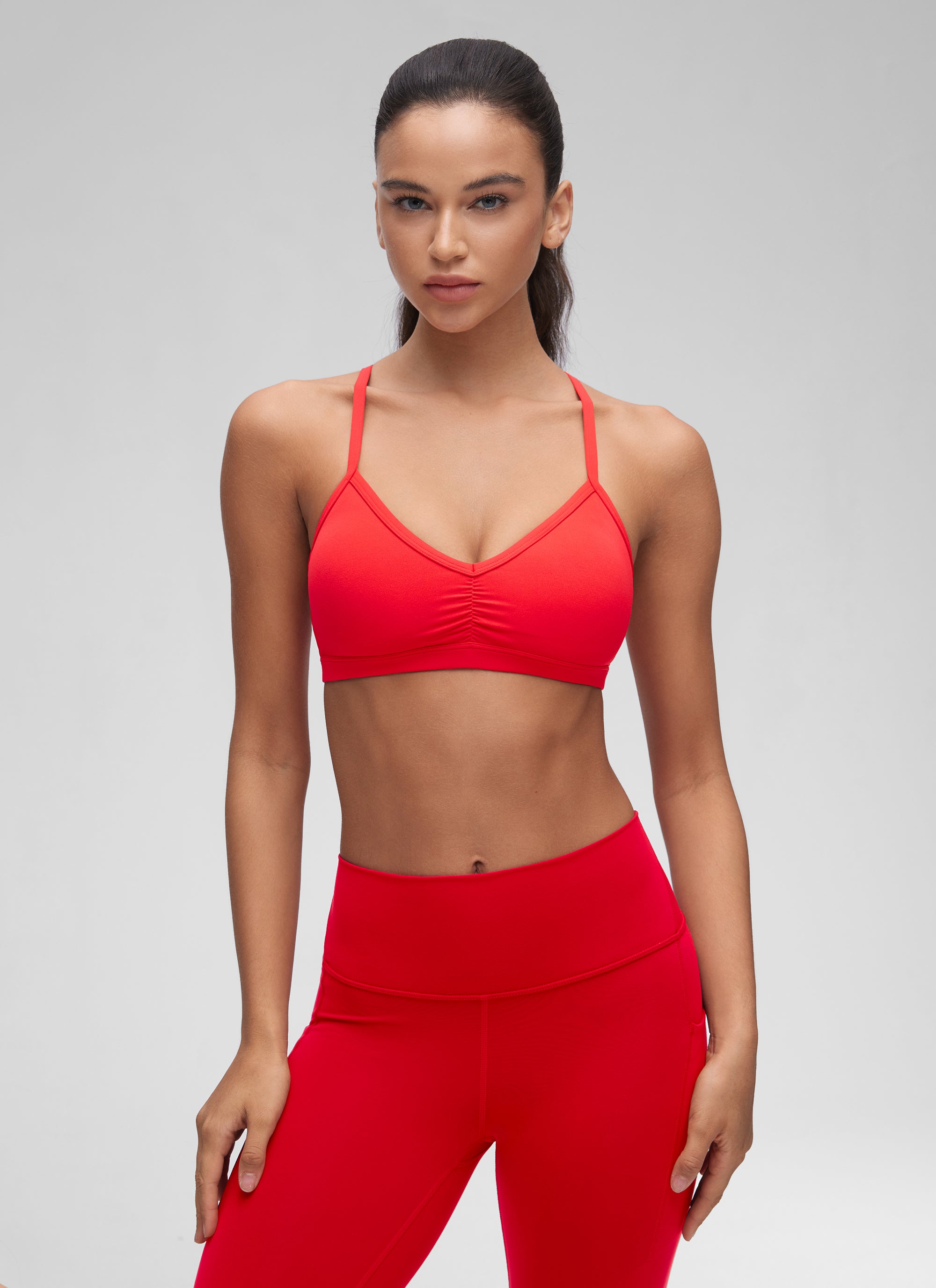 CRZ YOGA Butterluxe Womens Ruched V Neck Yoga Padded Sports Bra Deep Red