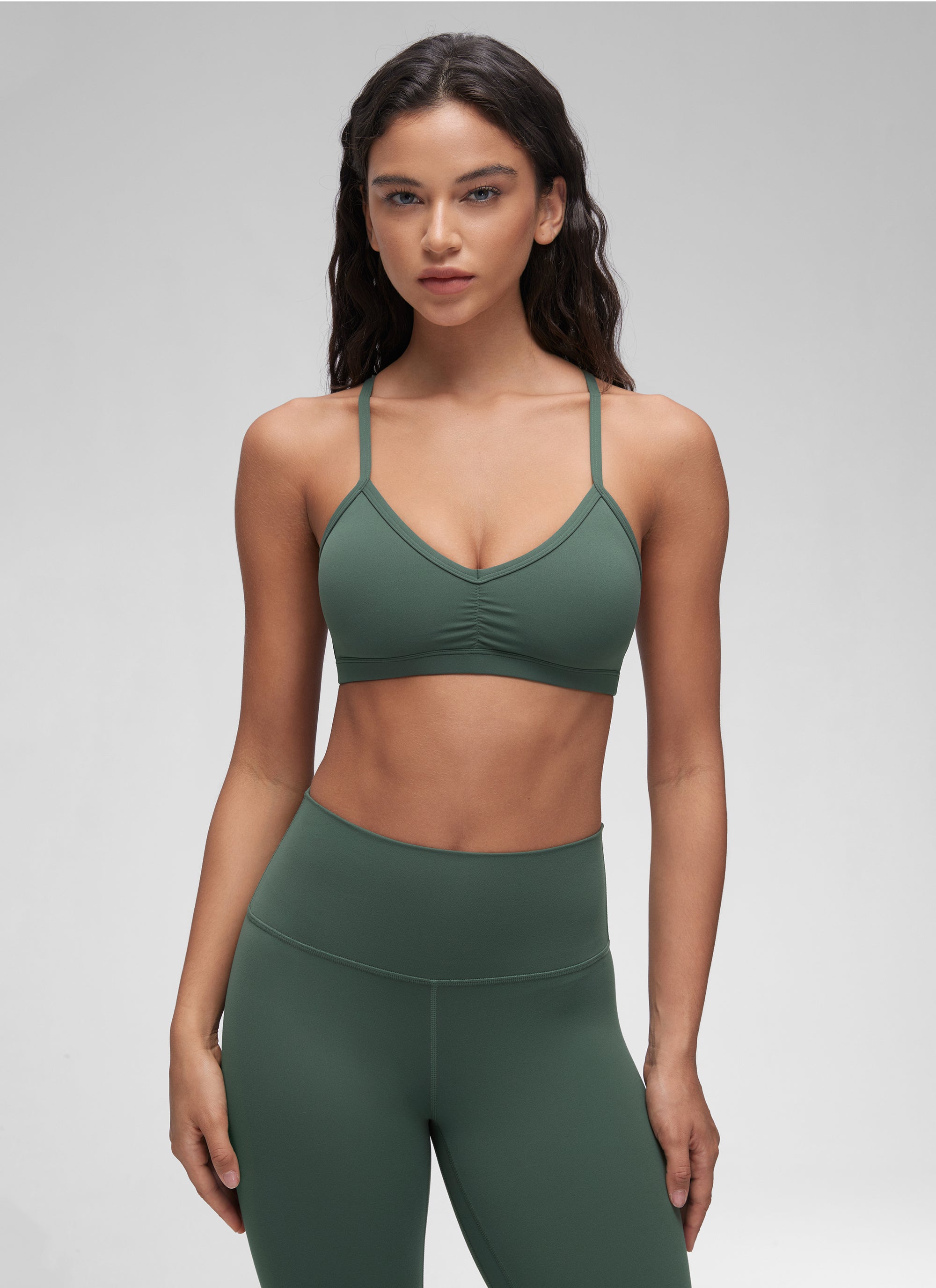 CRZ YOGA Butterluxe Womens Ruched V Neck Yoga Padded Sports Bra Dark Forest Green