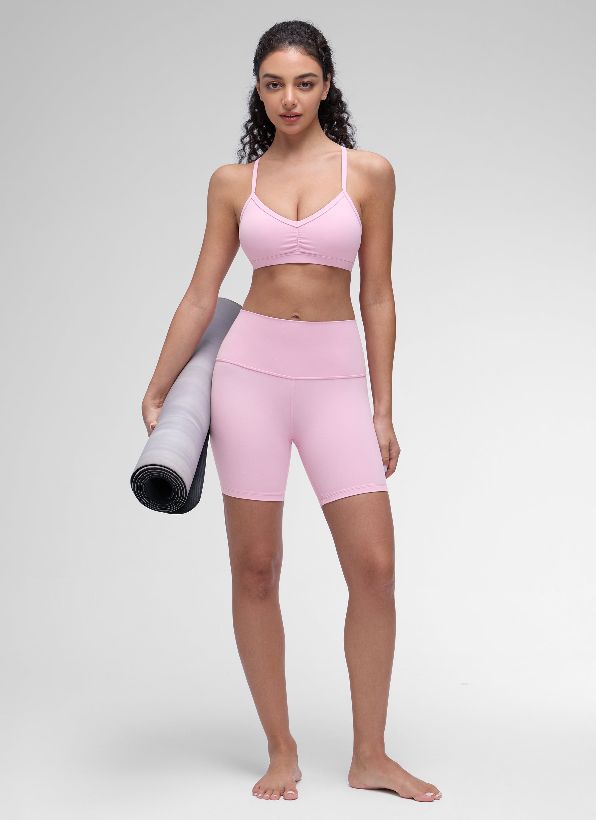 CRZ YOGA Butterluxe Womens Ruched V Neck Yoga Padded Sports Bra Vita Pink