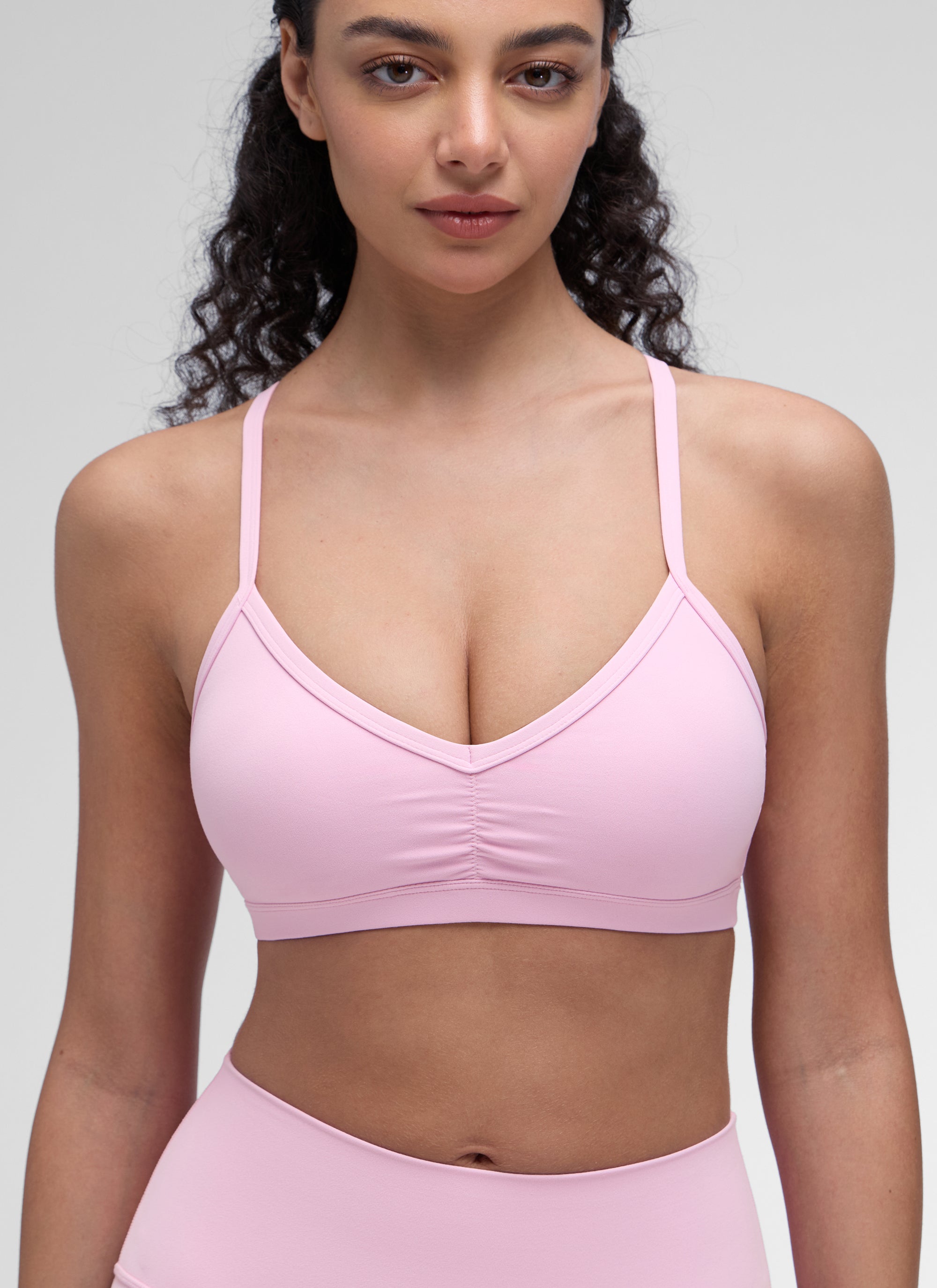CRZ YOGA Butterluxe Womens Ruched V Neck Yoga Padded Sports Bra Vita Pink