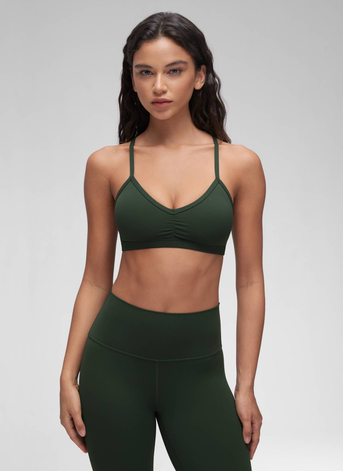CRZ YOGA Butterluxe Womens Ruched V Neck Yoga Padded Sports Bra Legend Green