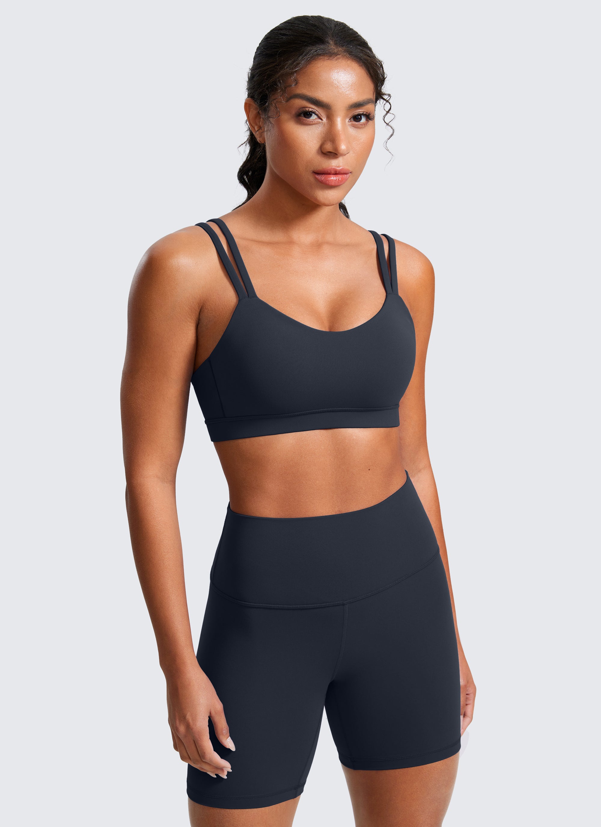 CRZ YOGA Women's Yoga Molded Cup Butterluxe Strappy Bra V Neck True Navy