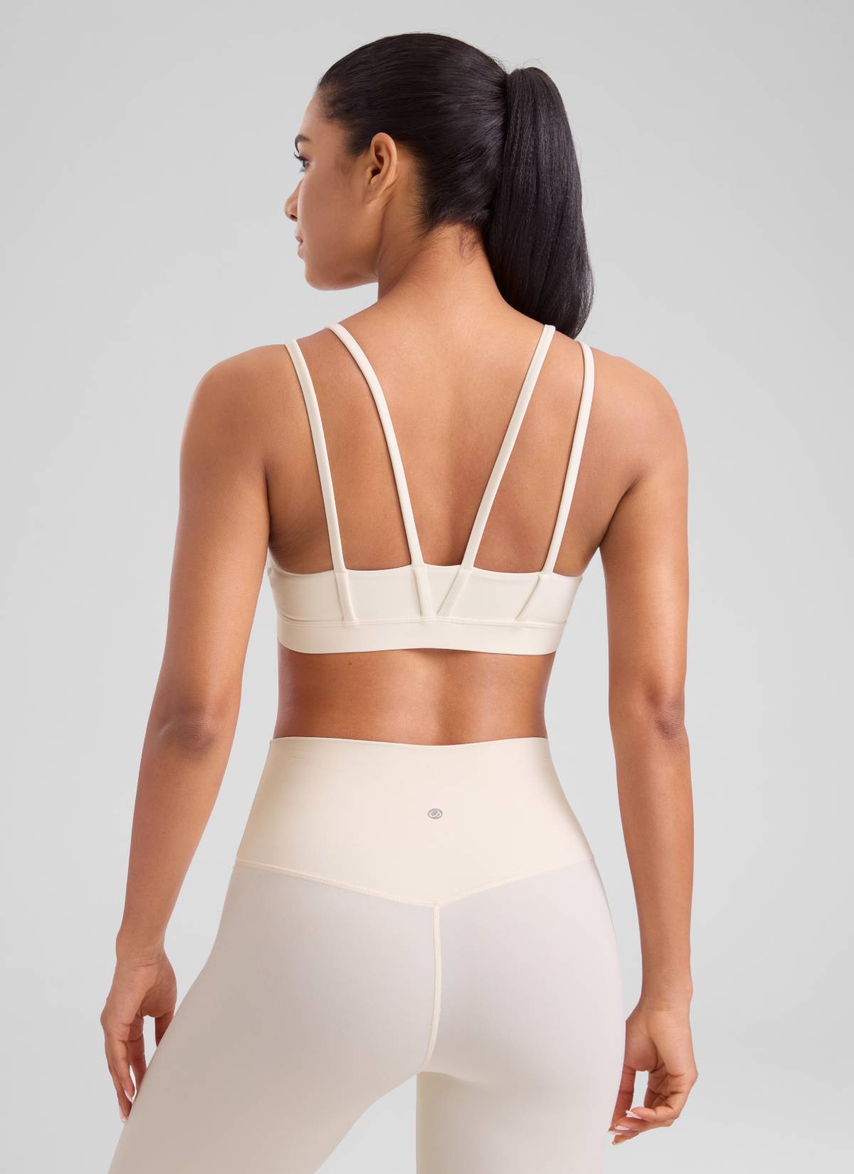 CRZ YOGA Women's Yoga Molded Cup Butterluxe Strappy Bra V Neck White Apricot