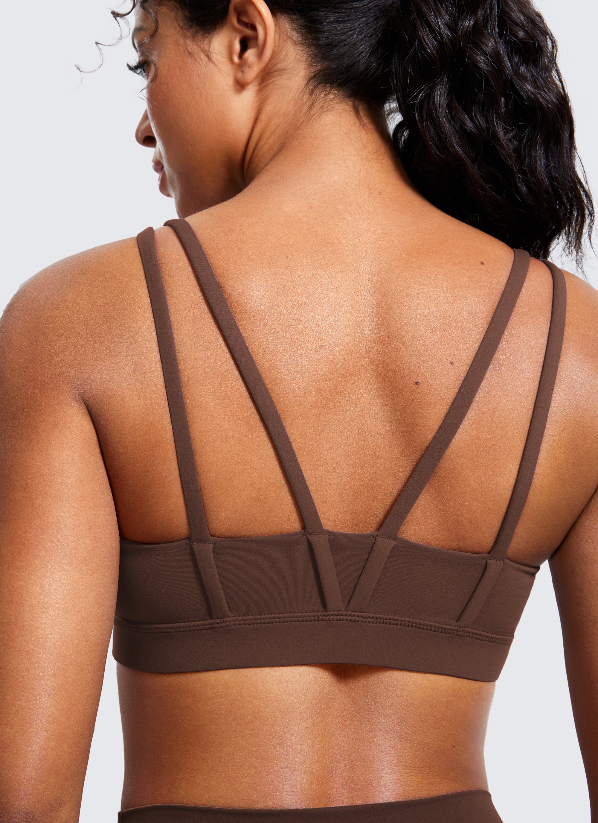 CRZ YOGA Women's Yoga Molded Cup Butterluxe Strappy Bra V Neck Coffee Brown