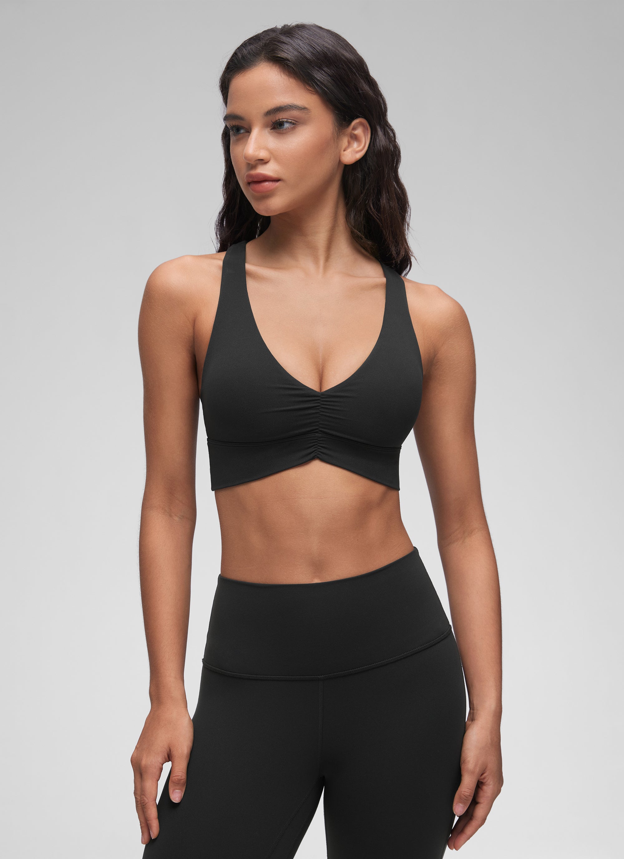 CRZ YOGA Women's Light Support Butterluxe Yoga Bra Ruched V Neck Black