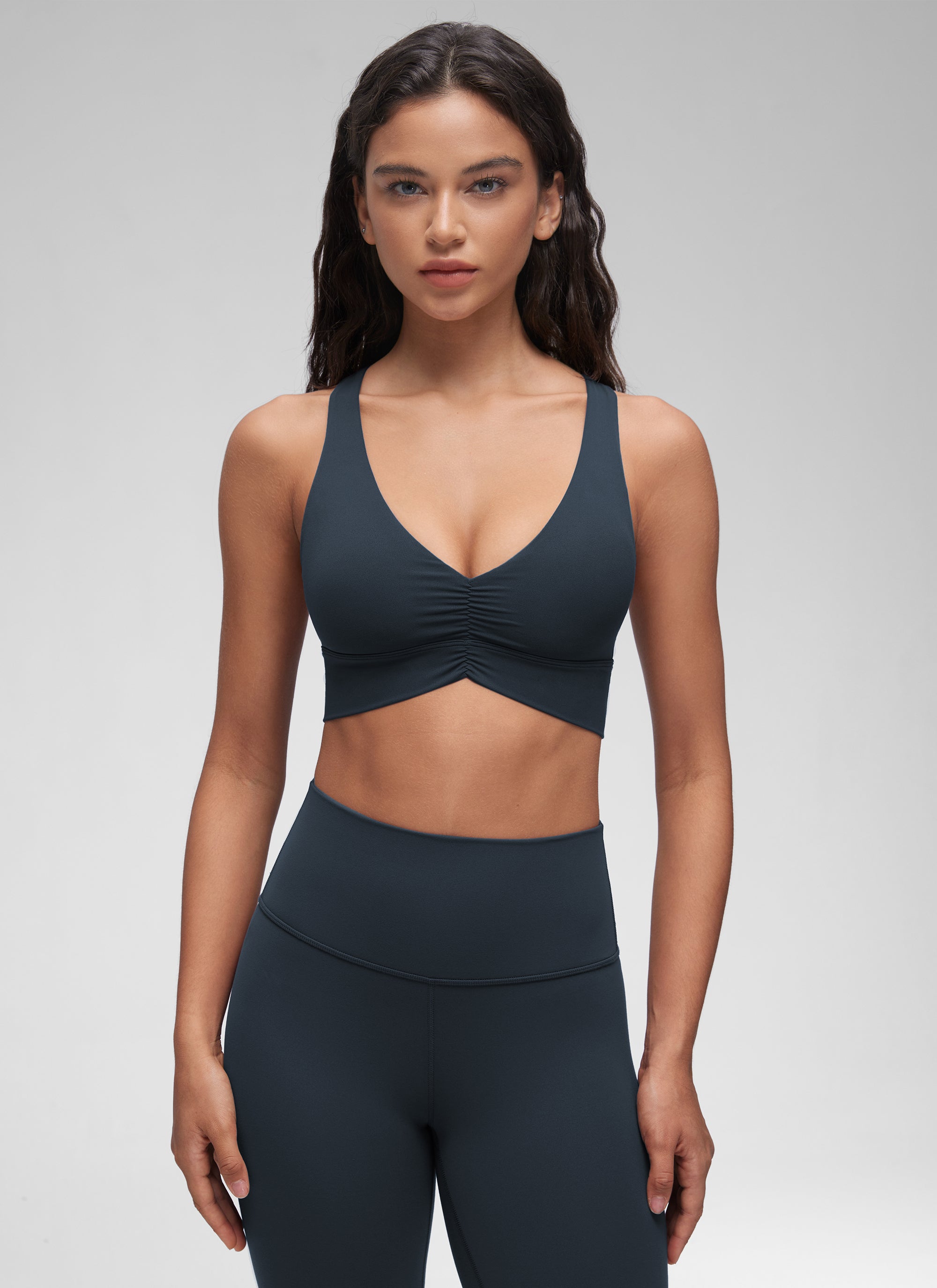 CRZ YOGA Women's Light Support Butterluxe Yoga Bra Ruched V Neck True Navy