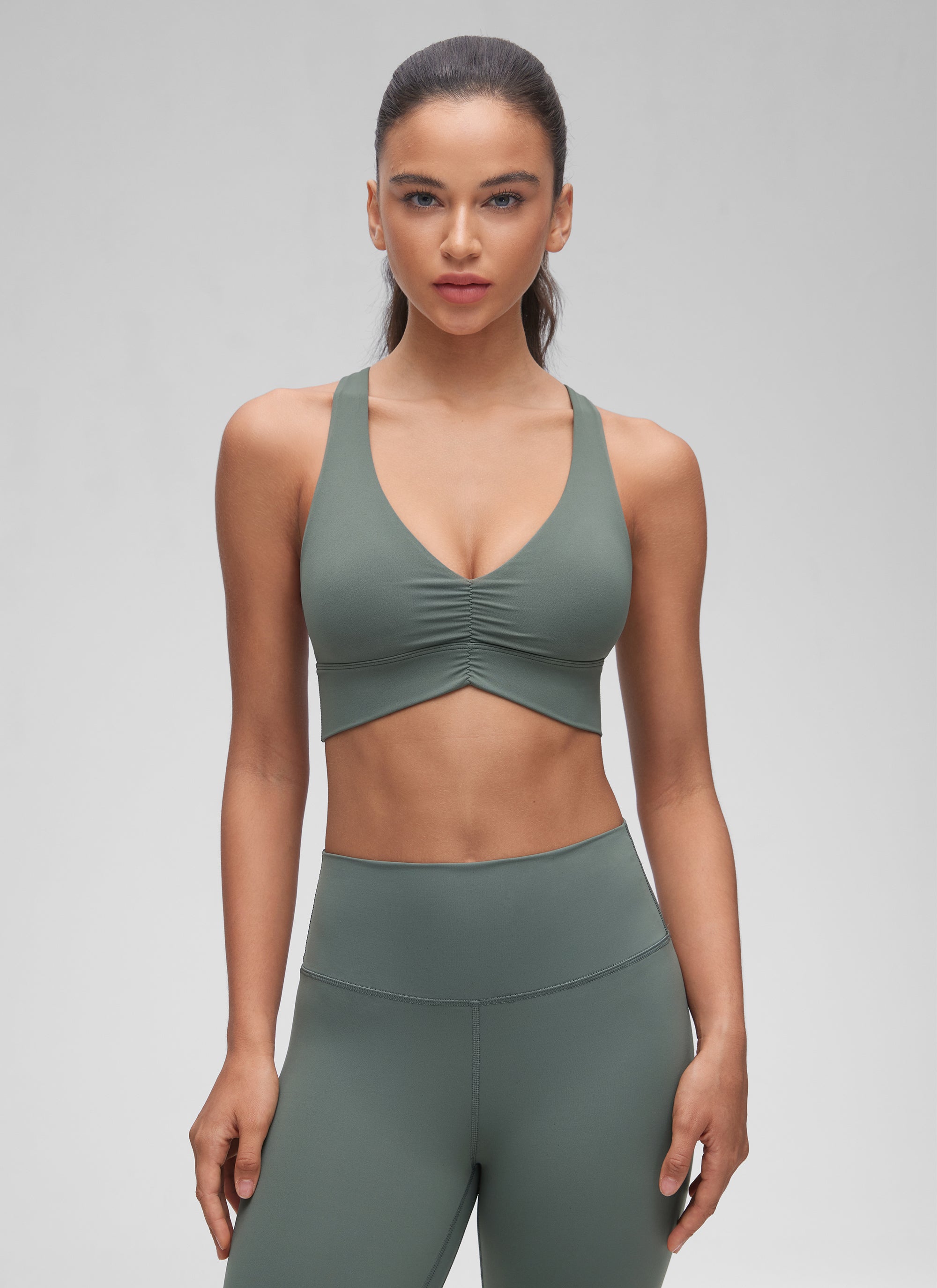 CRZ YOGA Women's Light Support Butterluxe Yoga Bra Ruched V Neck Grey Sage