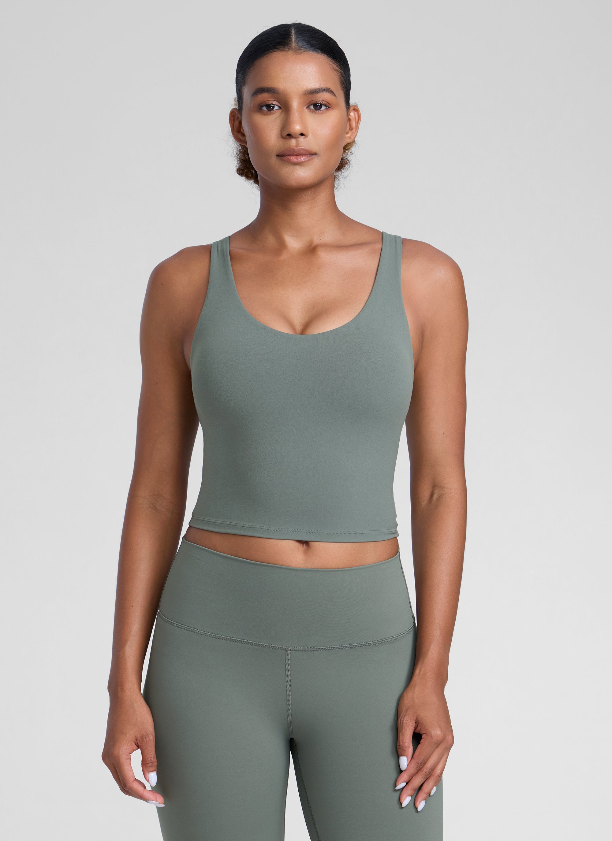 CRZ YOGA Womens Butterlift Racerback U Neck Yoga Built in Bra Tank Grey Sage