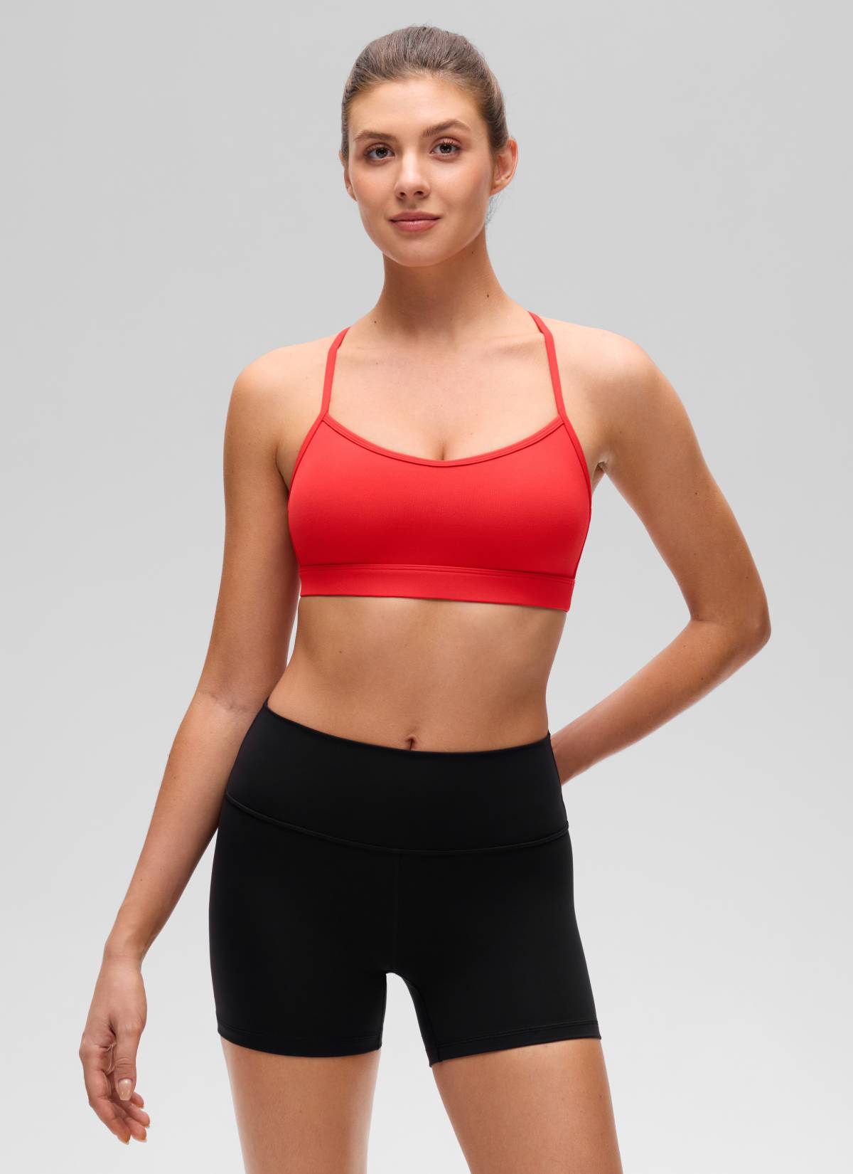 CRZ YOGA Women's Butterluxe Yoga Scoop Neck Cross Back Sports Bra Deep Red
