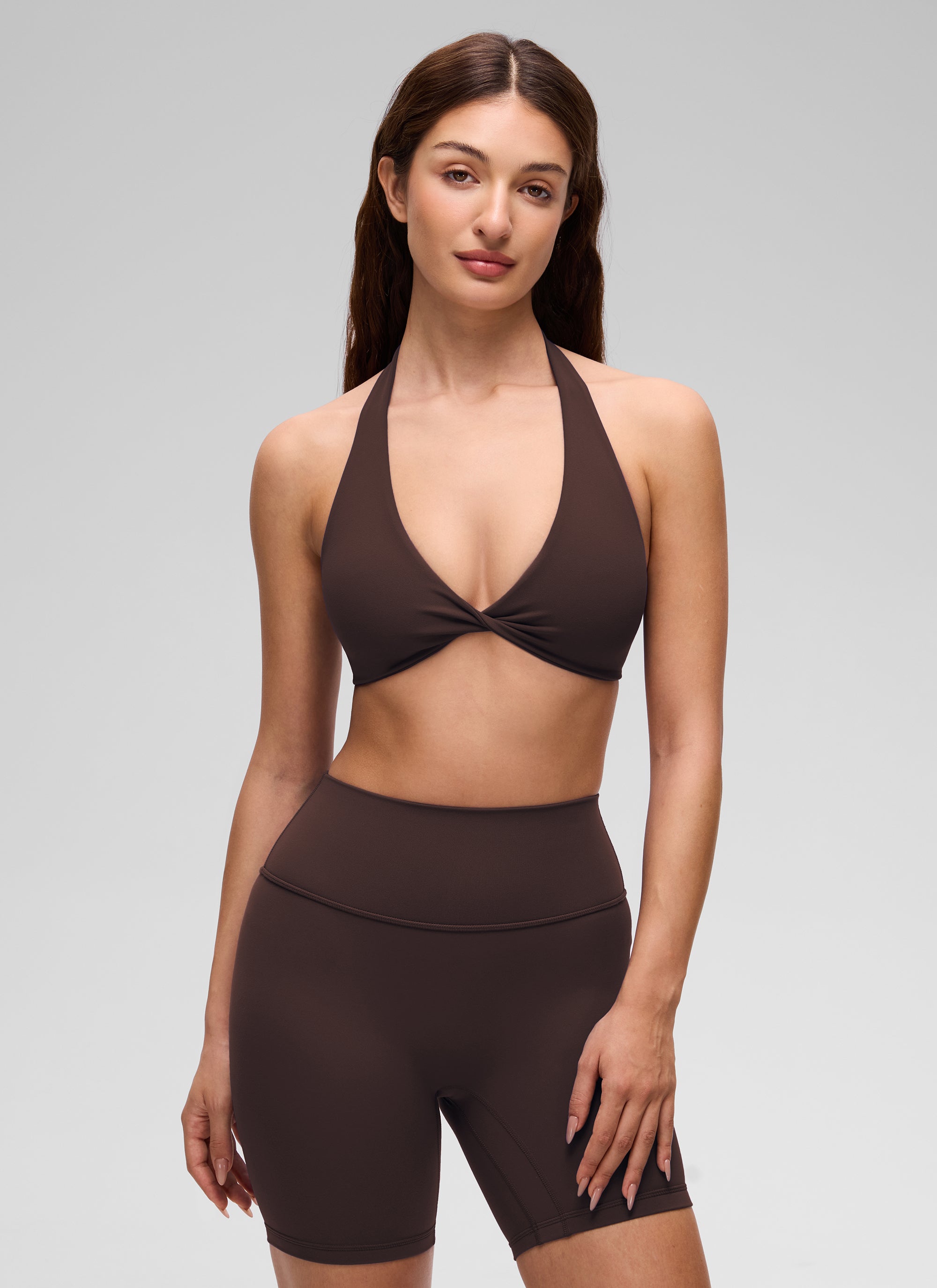 CRZ YOGA Women's Butterluxe Yoga V Neck Crop Double Lined Sports Bra Hot Fudge Brown