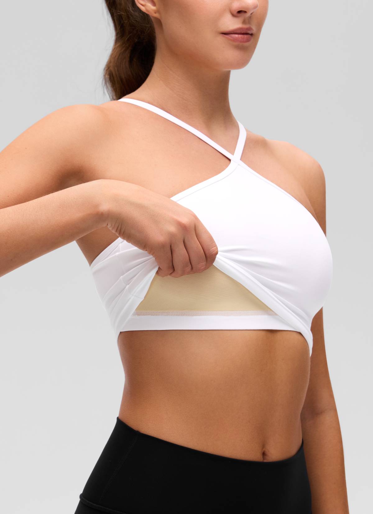 CRZ YOGA Women's Butterluxe Yoga Cross Halter Crop Built in Bra Tank White