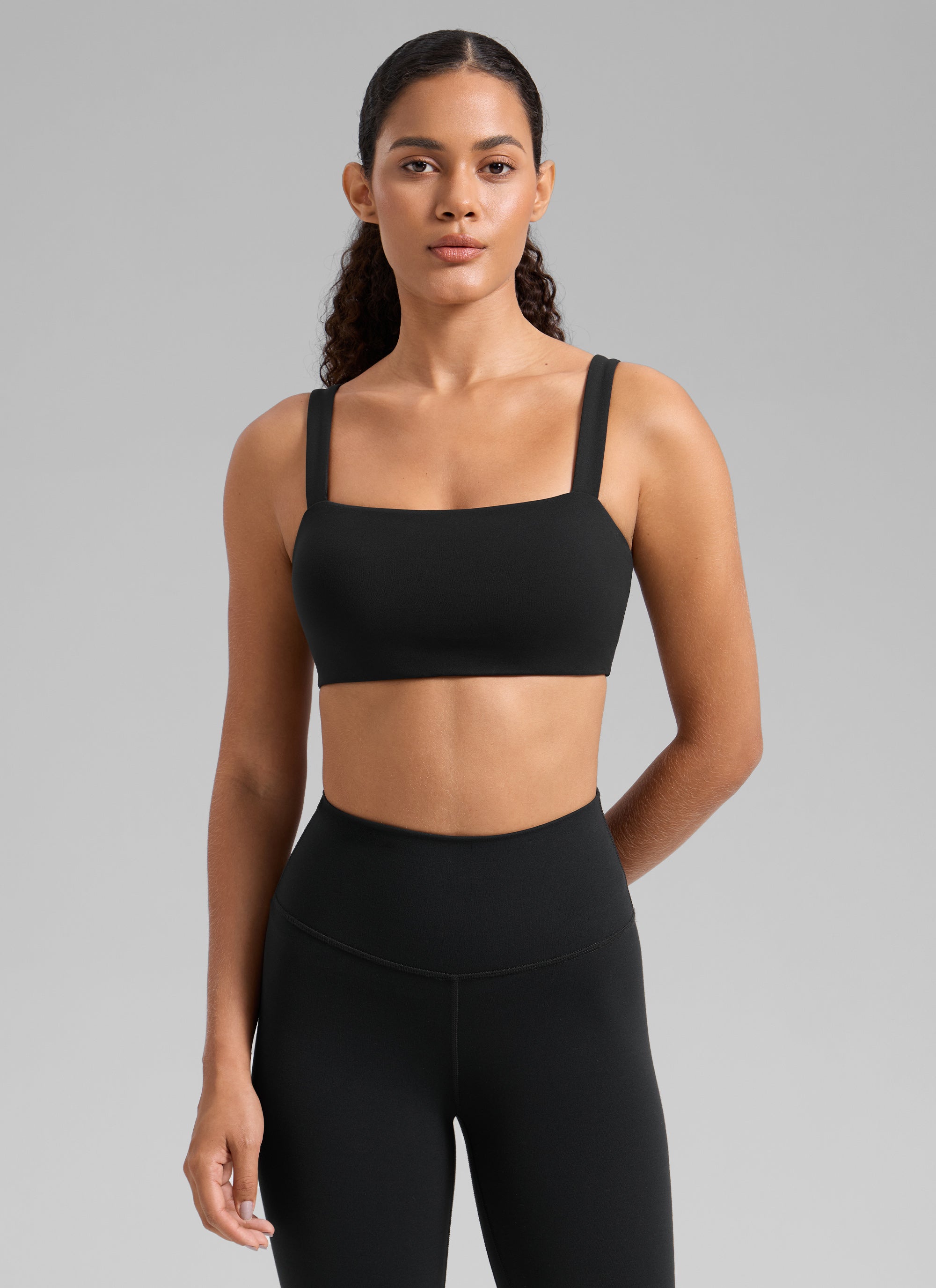 CRZ YOGA Women's Butterlift Workout Square Neck Built in Sports Bra Black