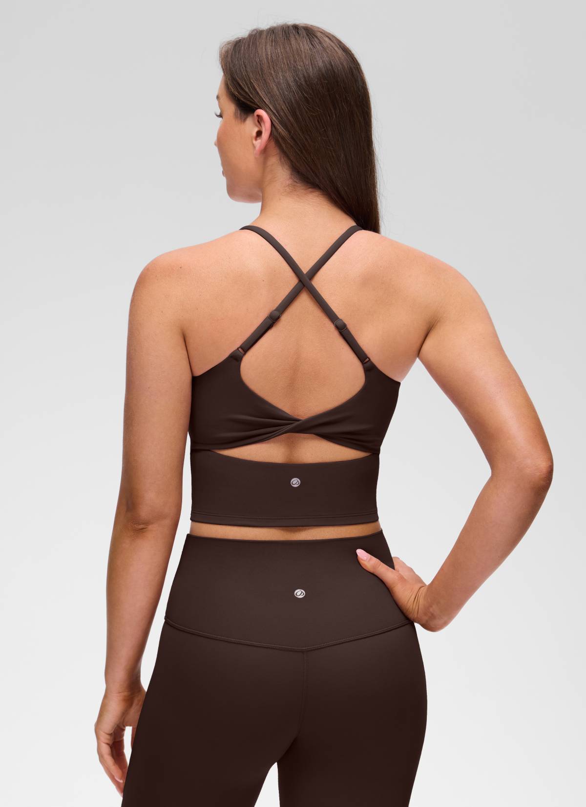 CRZ YOGA Women's Butterluxe U Neck Twist Cross Back Built in Bra Tank Hot Fudge Brown