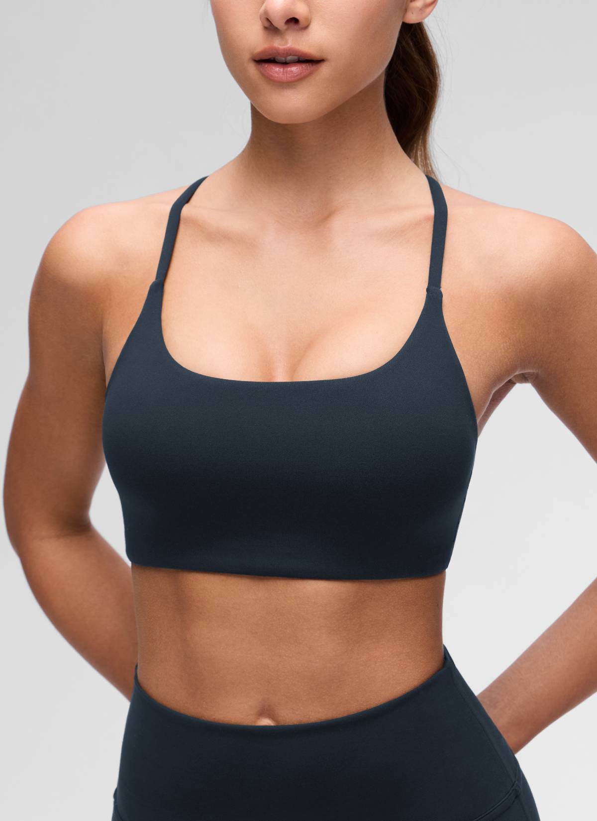 CRZ YOGA Women's Butterluxe Yoga Scoop Neck Twist Cross Back Sport Bra True Navy