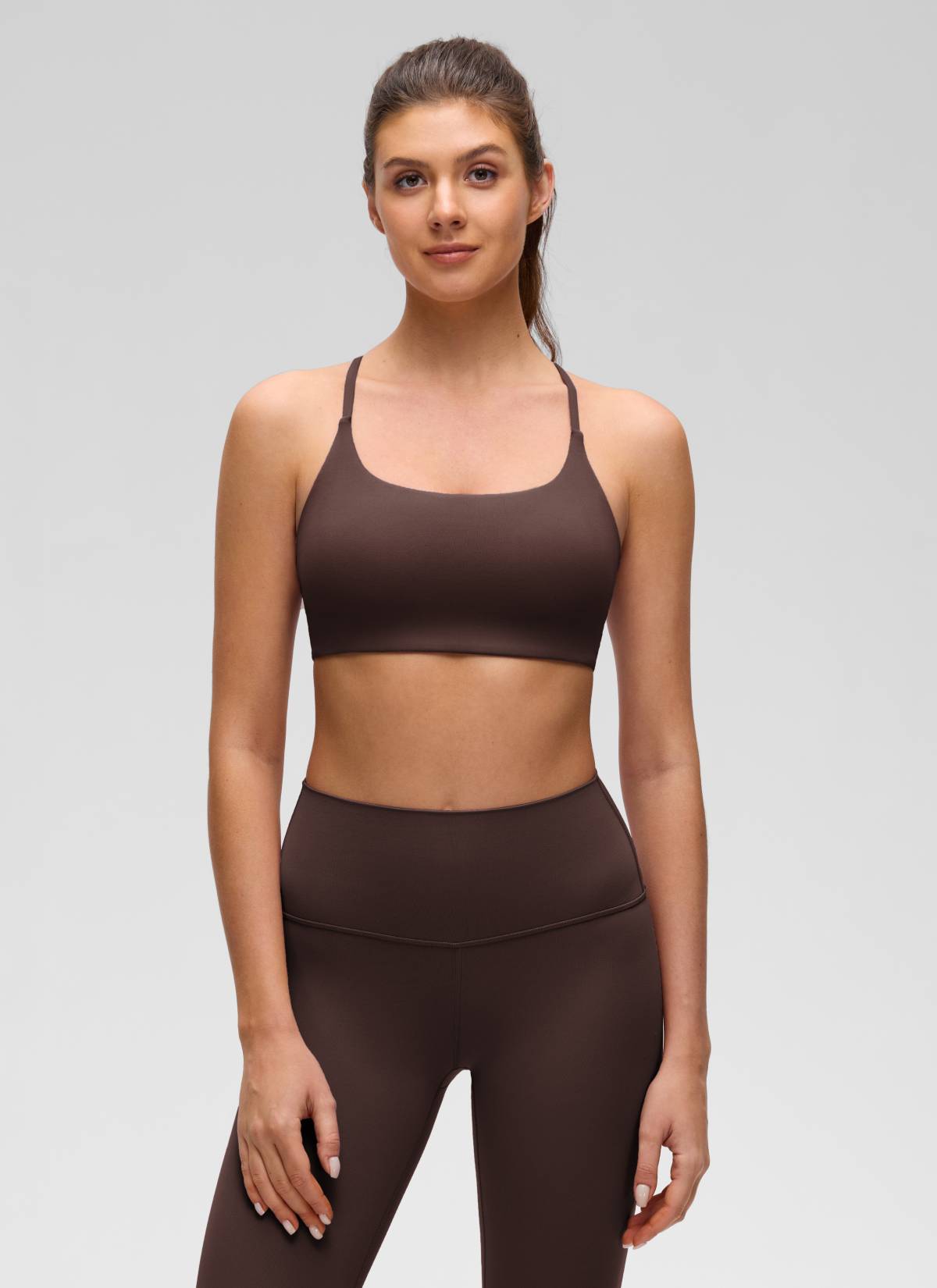 CRZ YOGA Women's Butterluxe Yoga Scoop Neck Twist Cross Back Sport Bra Hot Fudge Brown