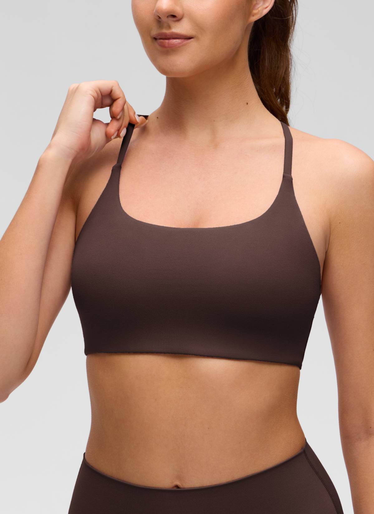 CRZ YOGA Women's Butterluxe Yoga Scoop Neck Twist Cross Back Sport Bra Hot Fudge Brown
