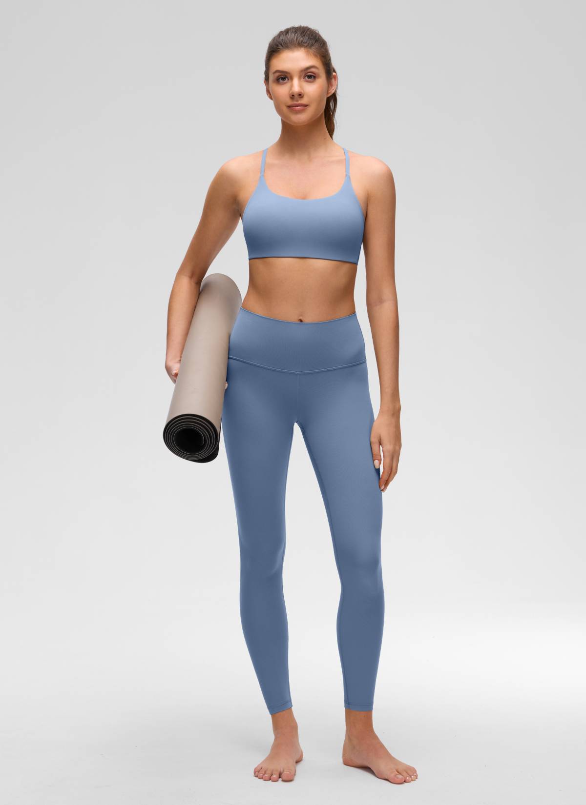 CRZ YOGA Women's Butterluxe Yoga Scoop Neck Twist Cross Back Sport Bra Washed Denim